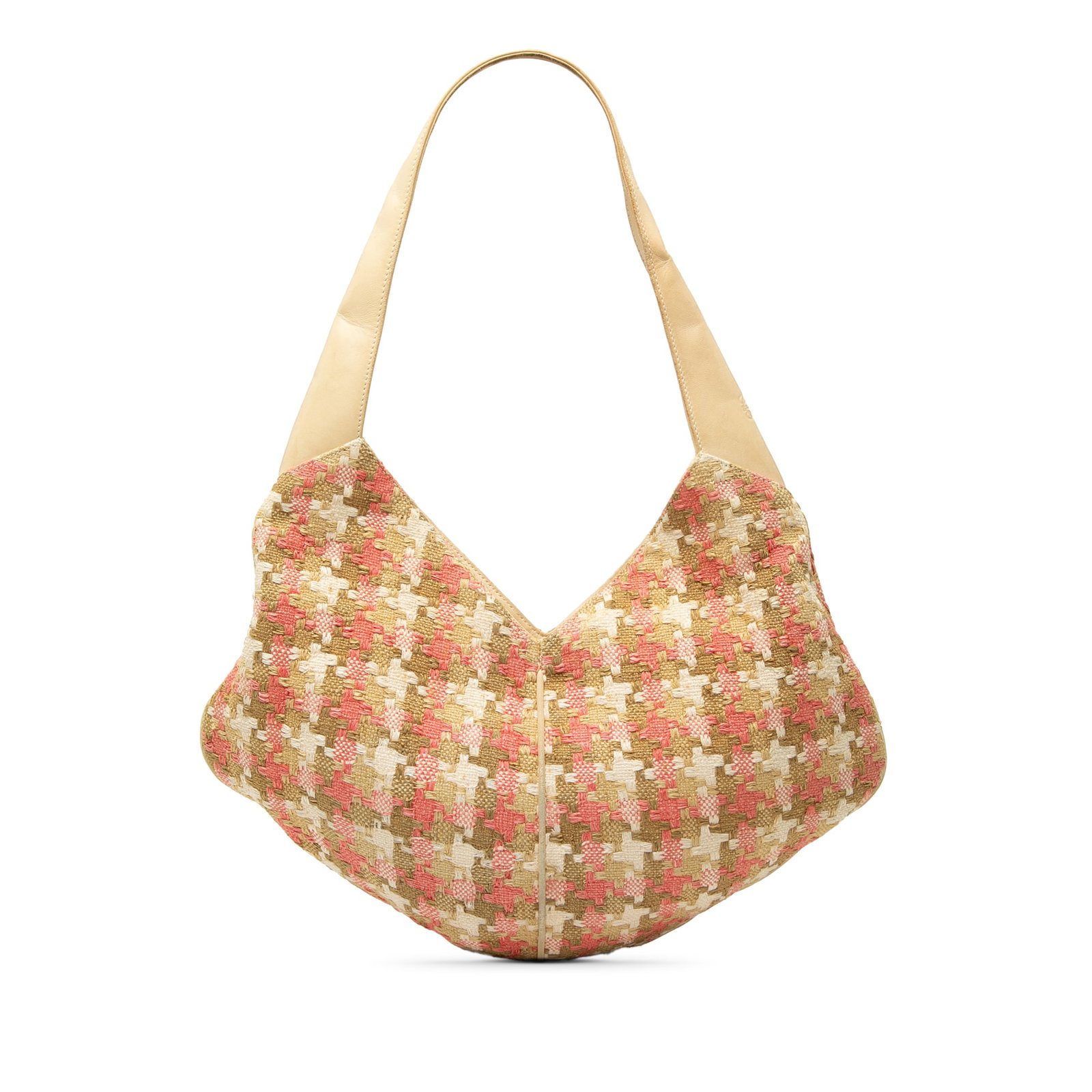 LOEWE Tweed Houndstooth Shoulder Hobo Bag with Leather Trim: LOEWE Tweed Houndstooth Shoulder Hobo Bag with Leather Trim LOEWE Tweed Houndstooth Hobo bag with a tweed body, leather trim, flat leather straps, an open top with magnetic closure, and an interior zi