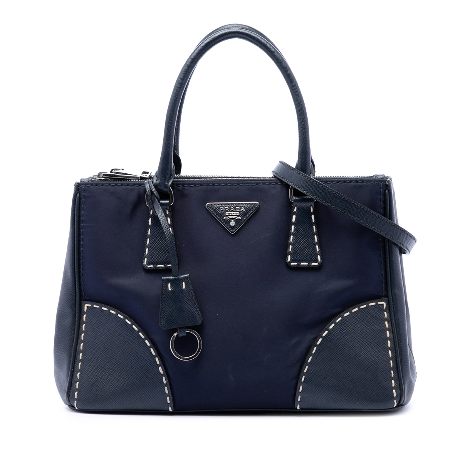 Prada Galleria Double Zip Satchel Blue Tessuto Saffiano Leather: Prada Galleria Double Zip Satchel Blue Tessuto Saffiano Leather Prada Small Tessuto and City Calf Hand Stitched Galleria Double Zip Satchel in blue. This satchel features a nylon and saffiano leather 