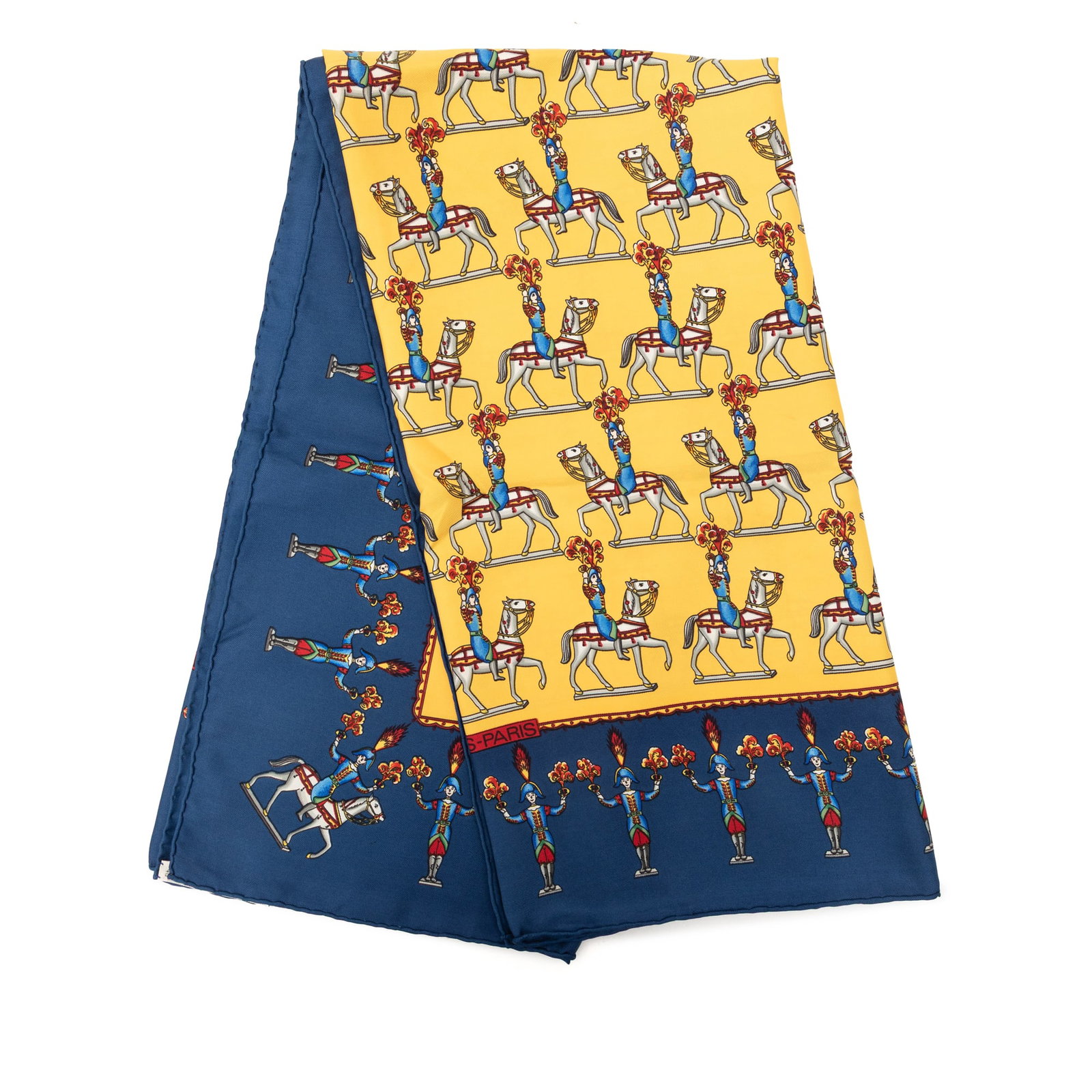 Hermes Les Artificiers 90 silk scarf in yellow: Hermes Les Artificiers 90 silk scarf in yellow Hermes Les Artificiers Silk Scarf 90 in yellow with printed design. Made in France, this accessory is crafted from 100% silk. Condition is B+ with noted 