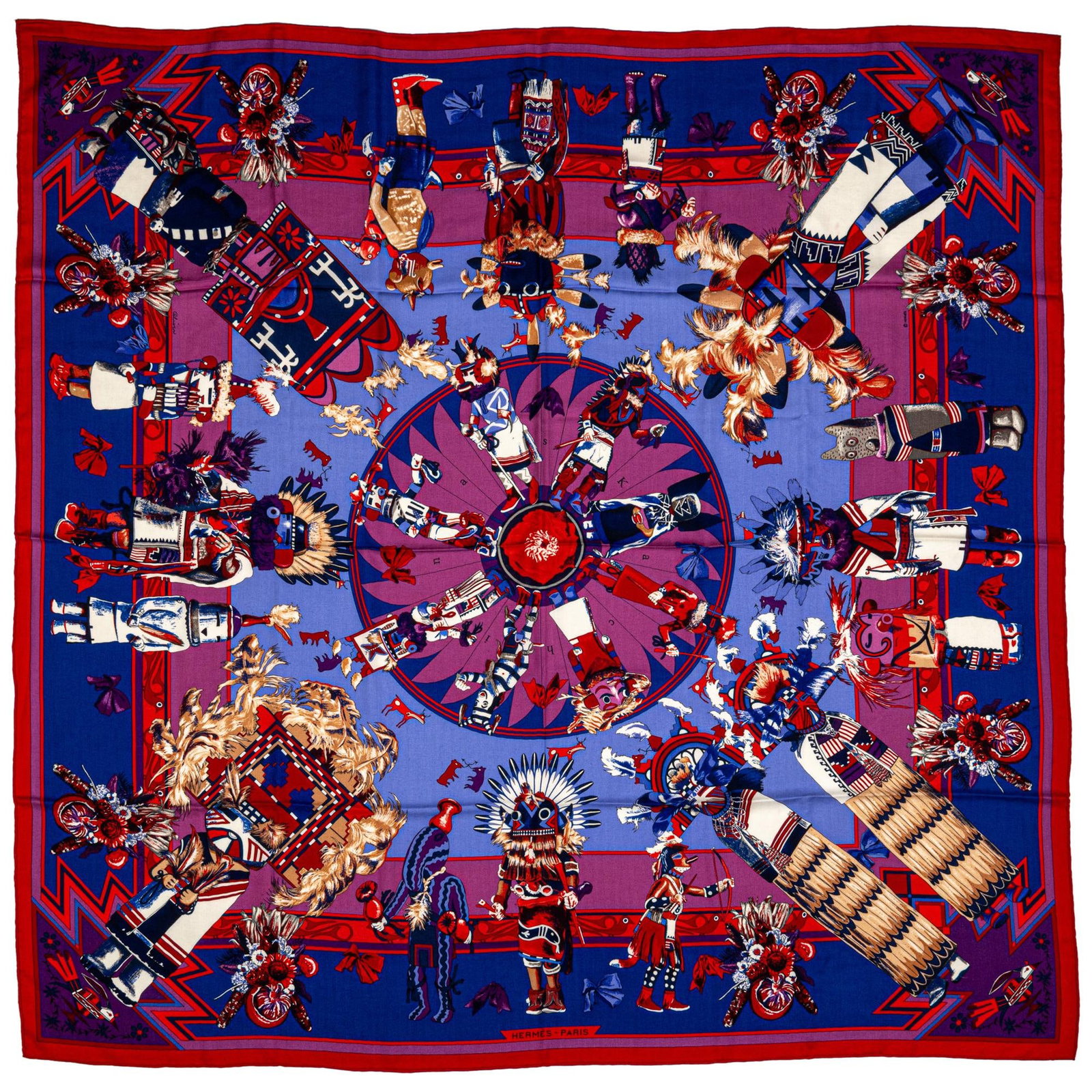 Hermes Kachinas Purple Cashmere Silk Shawl 54 in by 54 in: Hermes Kachinas Purple Cashmere Silk Shawl 54 in by 54 in Indulge in luxurious elegance with this Hermes Purple Kachinas Cashmere Shawl. This stunning piece is crafted from a premium cashmere and silk