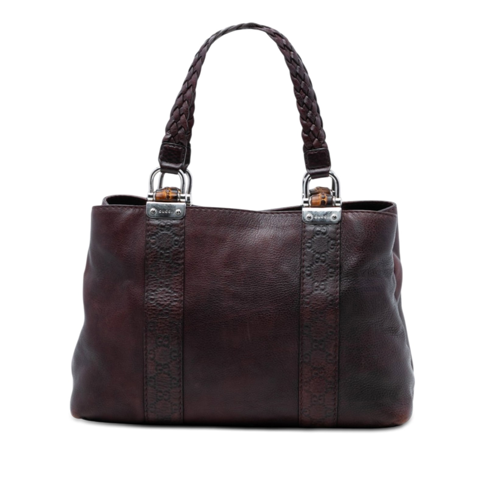 Gucci Libeccio Bamboo Tote Brown Leather Guccissima Trim: Gucci Libeccio Bamboo Tote Brown Leather Guccissima Trim This tote bag features a leather body with embossed leather trim and woven leather shoulder straps. It has an open top design, an interior zip 