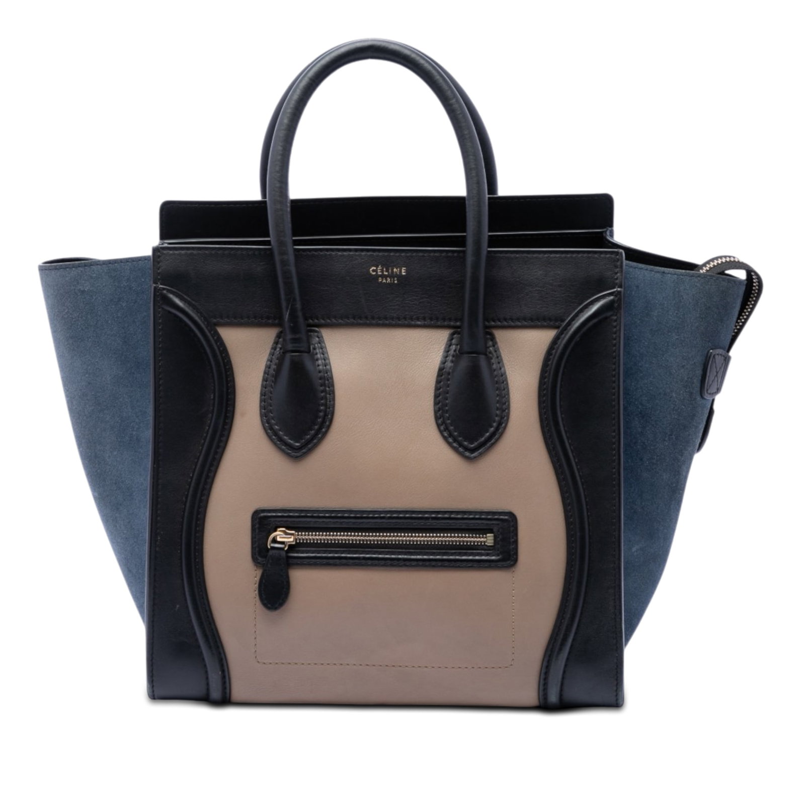 Celine Luggage Tote Mini Tricolor Suede and Calfskin Bag: Celine Luggage Tote Mini Tricolor Suede and Calfskin Bag Celine Mini Tricolor Calfskin and Suede Luggage Tote from Italy, crafted with a suede and calf leather body in brown. It features rolled leathe