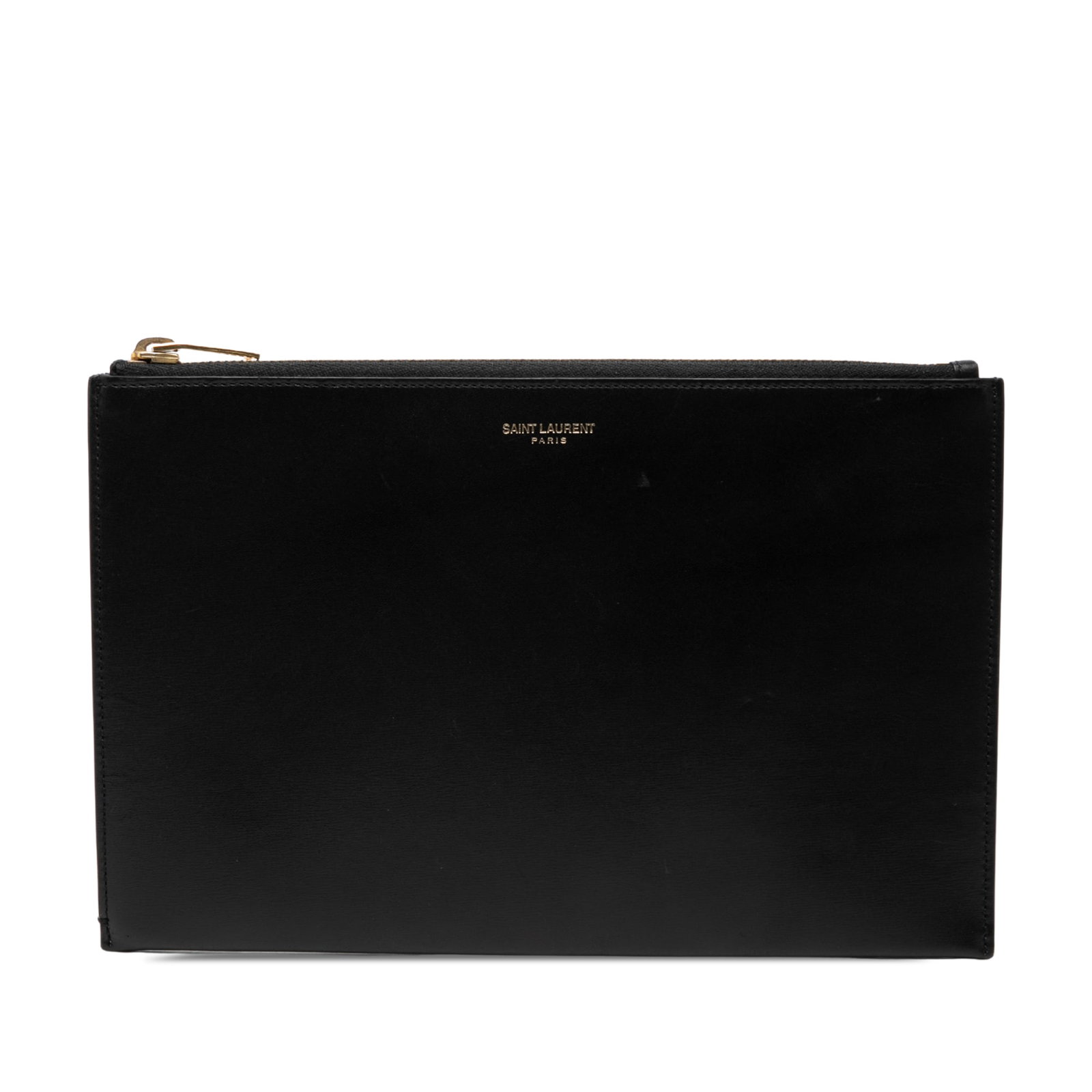 Saint Laurent Leather Clutch Bag with Top Zip Black: Saint Laurent Leather Clutch Bag with Top Zip Black Saint Laurent leather zip clutch in black with a streamlined design and top zip closure. Made in Italy, this clutch shows condition AB with visible 
