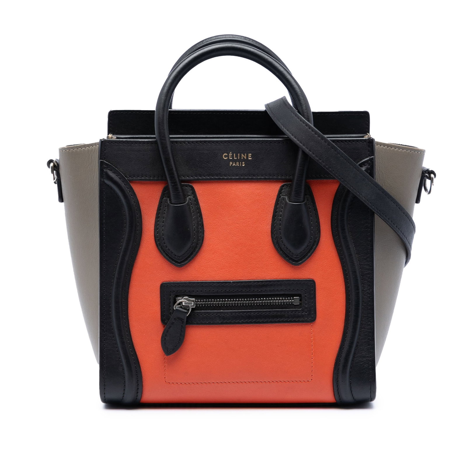 Celine Nano Luggage Tote Tricolor Leather Shoulder Bag: Celine Nano Luggage Tote Tricolor Leather Shoulder Bag Celine Nano Tricolor Leather Luggage Tote crafted in leather with rolled top handles, a detachable flat shoulder strap, top zip closure, exterior