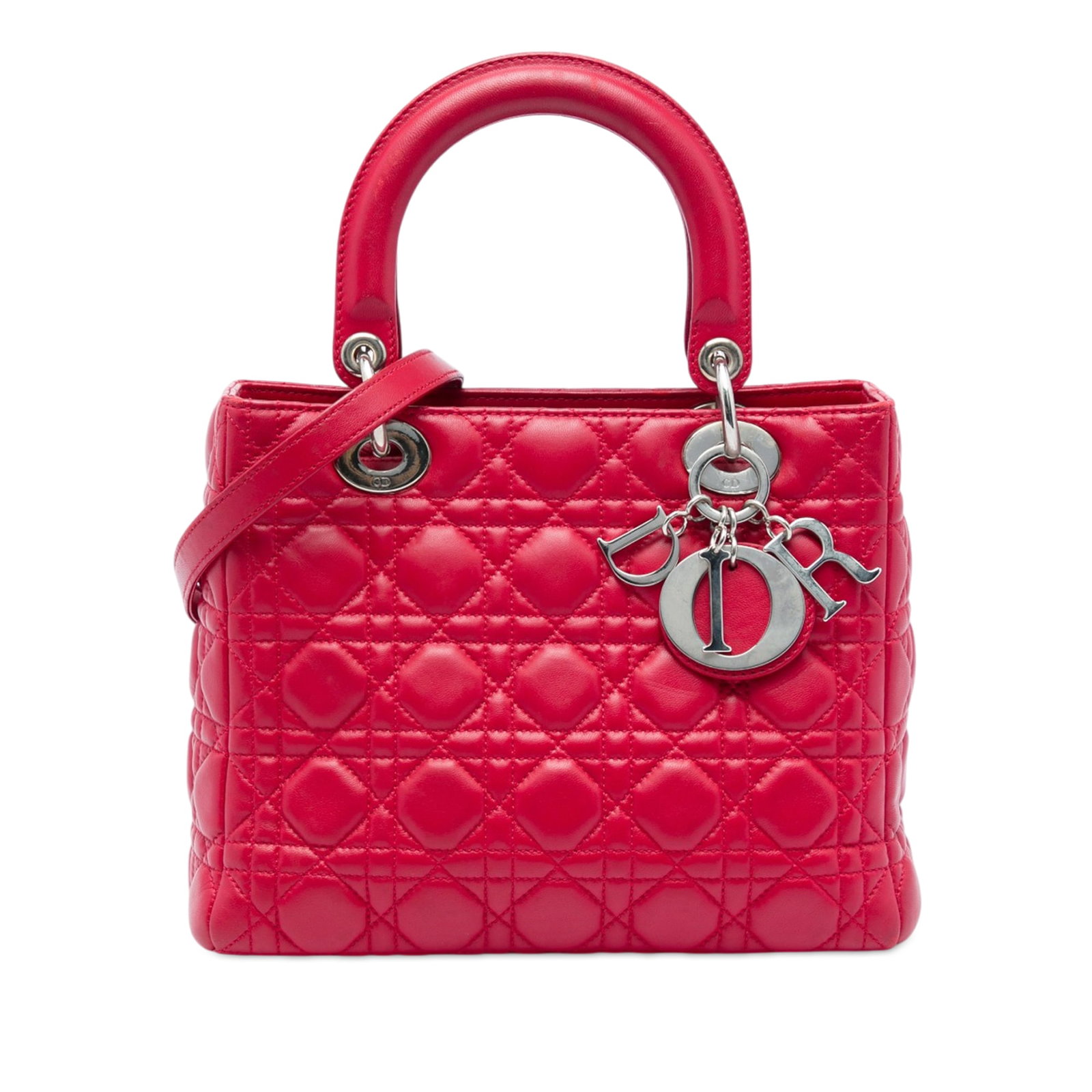 Dior Lady Dior Medium Cannage Calfskin Handbag Red: Dior Lady Dior Medium Cannage Calfskin Handbag Red Medium Lady Dior bag in red calfskin with Cannage quilting. This handbag features flat leather top handles, a detachable flat leather strap, a top zi