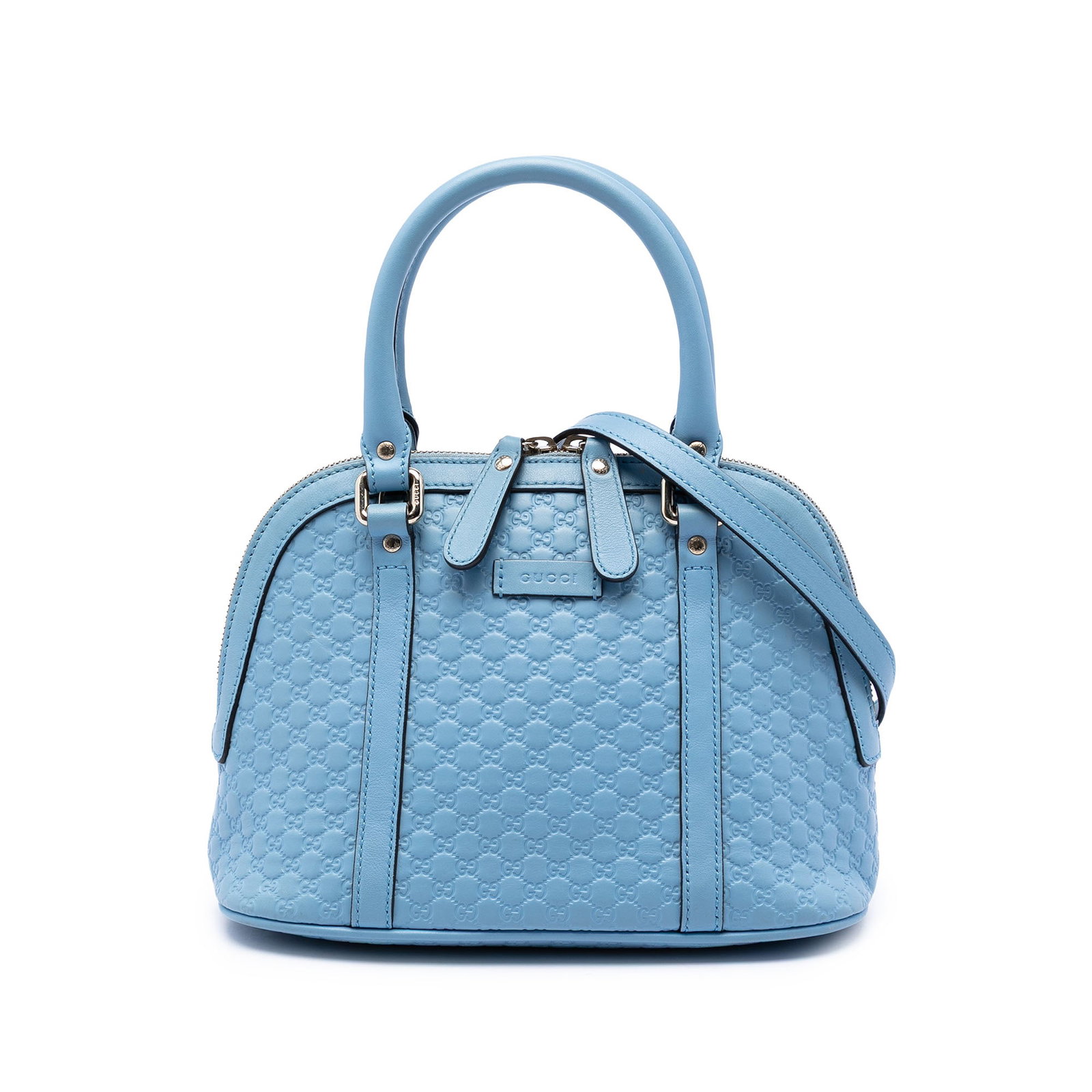Gucci Mini Microguccissima Dome Satchel Blue Leather Bag: Gucci Mini Microguccissima Dome Satchel Blue Leather Bag Gucci Mini Microguccissima Dome Satchel in blue embossed leather. This satchel features rolled leather handles, a detachable flat leather strap
