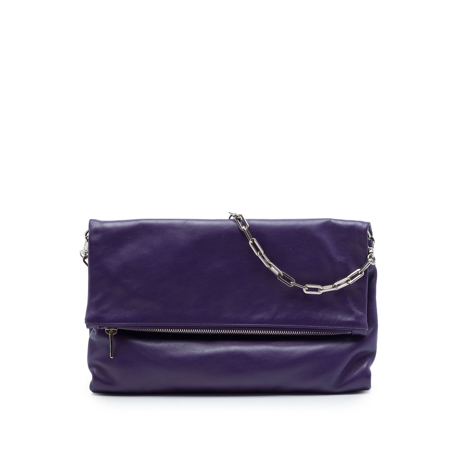 Prada Soft Calf leather shoulder bag with fold over flap: Prada Soft Calf leather shoulder bag with fold over flap Prada Soft Calf Fold Over Shoulder Bag in purple leather with a fold-over flap and zip closure. The bag features a chain and flat leather strap