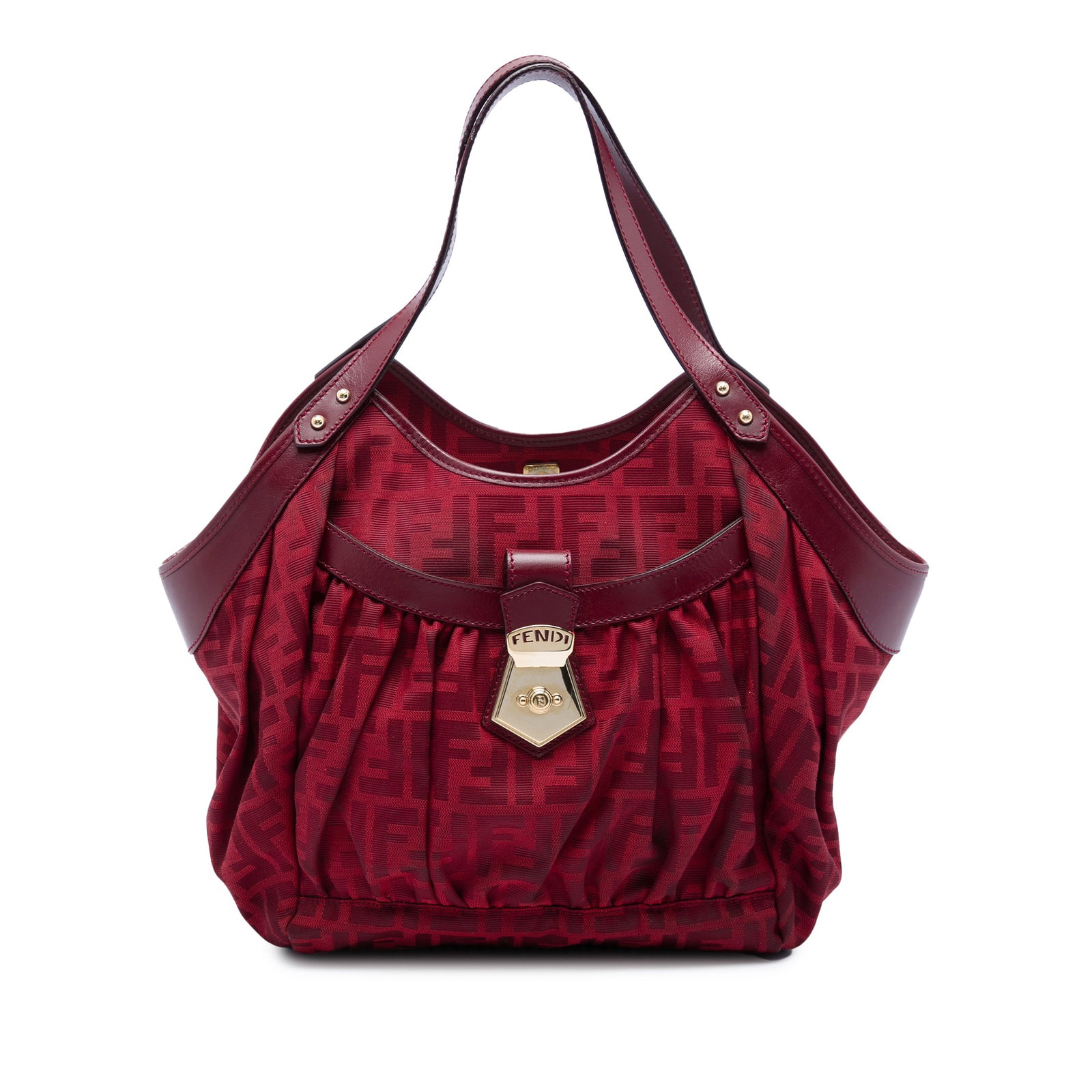 Fendi Zucca Chef Tote Red Canvas Bag with Leather Trim: Fendi Zucca Chef Tote Red Canvas Bag with Leather Trim Fendi Zucca Canvas Chef Tote with a canvas body and leather trim. This tote features flat leather straps, an open top with magnetic snap closure,