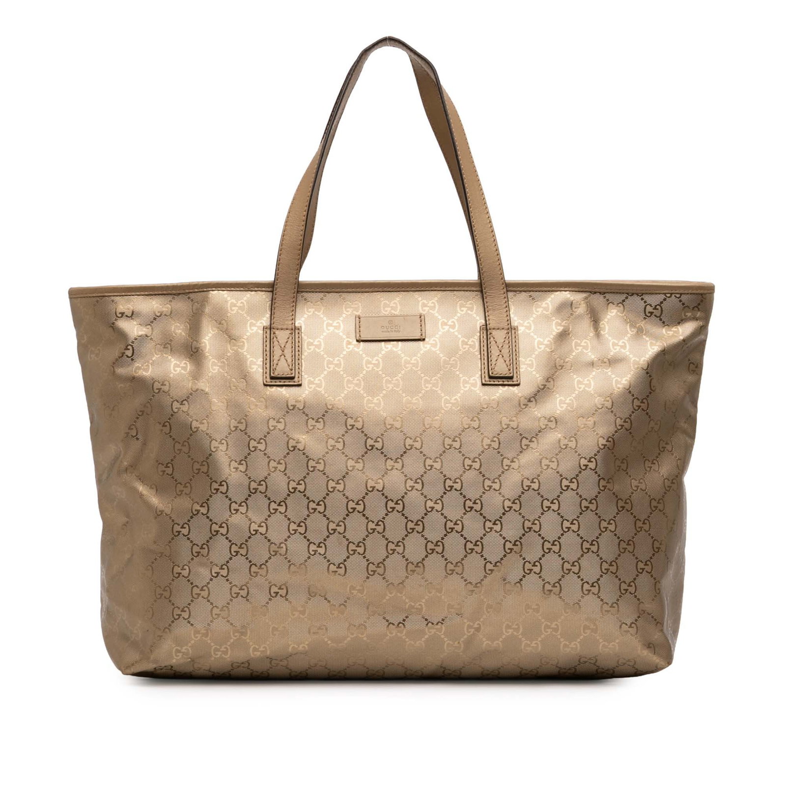 Gucci GG Imprime Gold Coated Canvas Tote Bag with Leather Trim: Gucci GG Imprime Gold Coated Canvas Tote Bag with Leather Trim This Gucci Large GG Imprime Tote features a coated canvas body with leather trim, flat leather handles, a top zip closure, and interior z