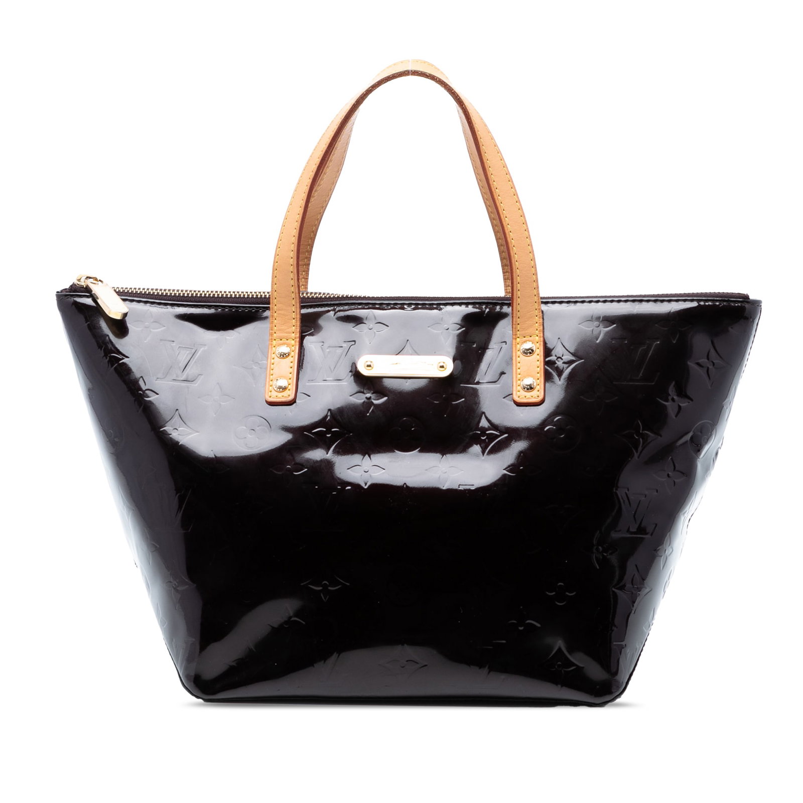 Louis Vuitton Bellevue PM Monogram Vernis Purple Leather Handbag: Louis Vuitton Bellevue PM Monogram Vernis Purple Leather Handbag Louis Vuitton Monogram Vernis Bellevue PM handbag crafted in purple monogram vernis leather with flat vachetta leather handles, a top z