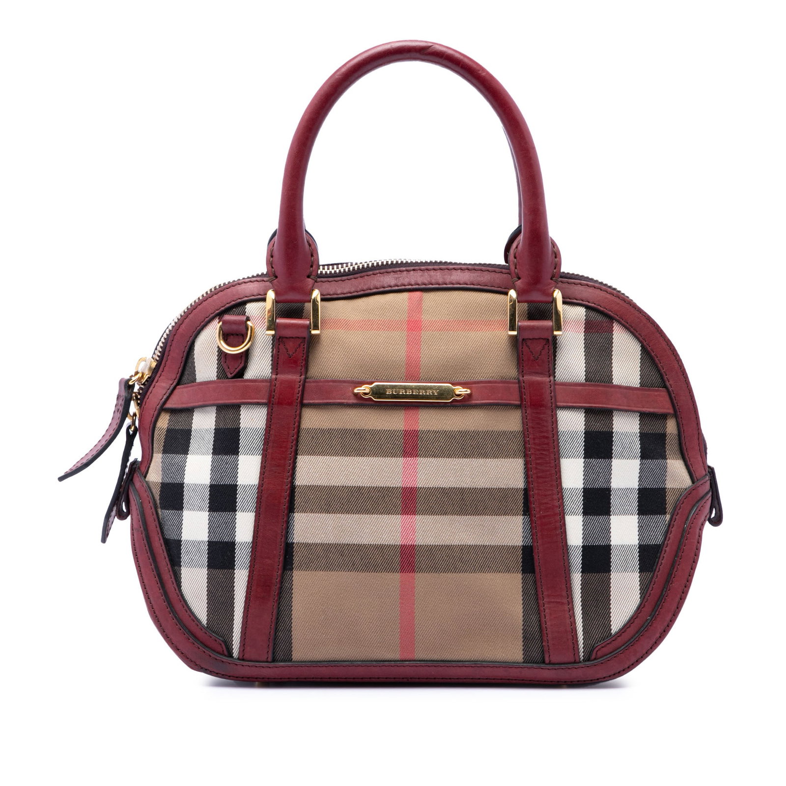 Burberry Bridle Orchard Small Satchel in House Check Canvas: Burberry Bridle Orchard Small Satchel in House Check Canvas This Burberry satchel features House Check canvas with leather trim, rolled leather handles, a top zip closure, and interior zip and slip po