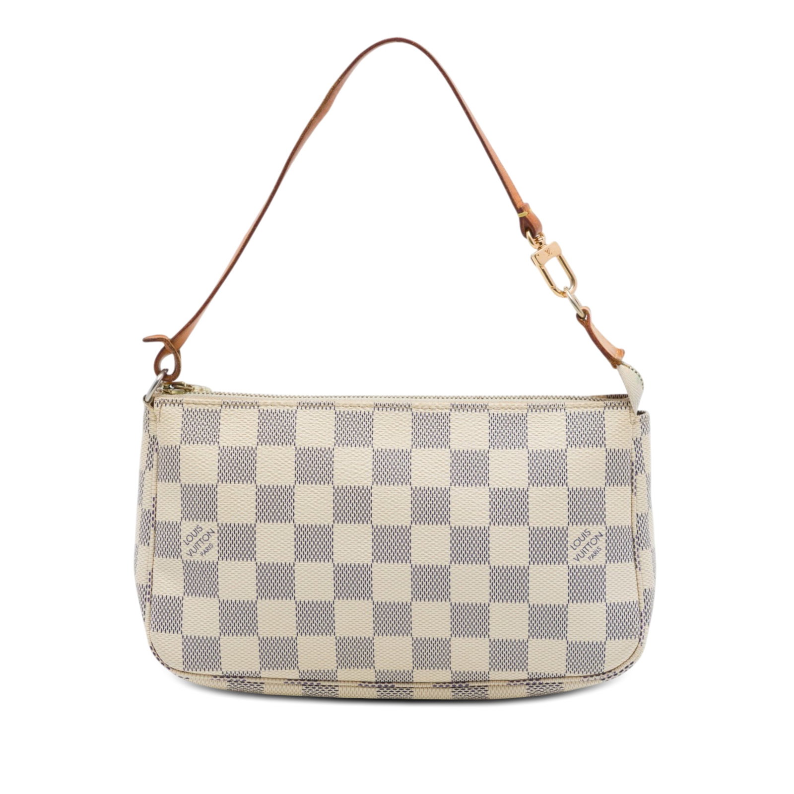 Louis Vuitton Pochette Accessoires Damier Azur Shoulder Bag: Louis Vuitton Pochette Accessoires Damier Azur Shoulder Bag Louis Vuitton Damier Azur Pochette Accessoires with a damier azur canvas body, flat vachetta leather strap, and top zip closure. Made in Spa