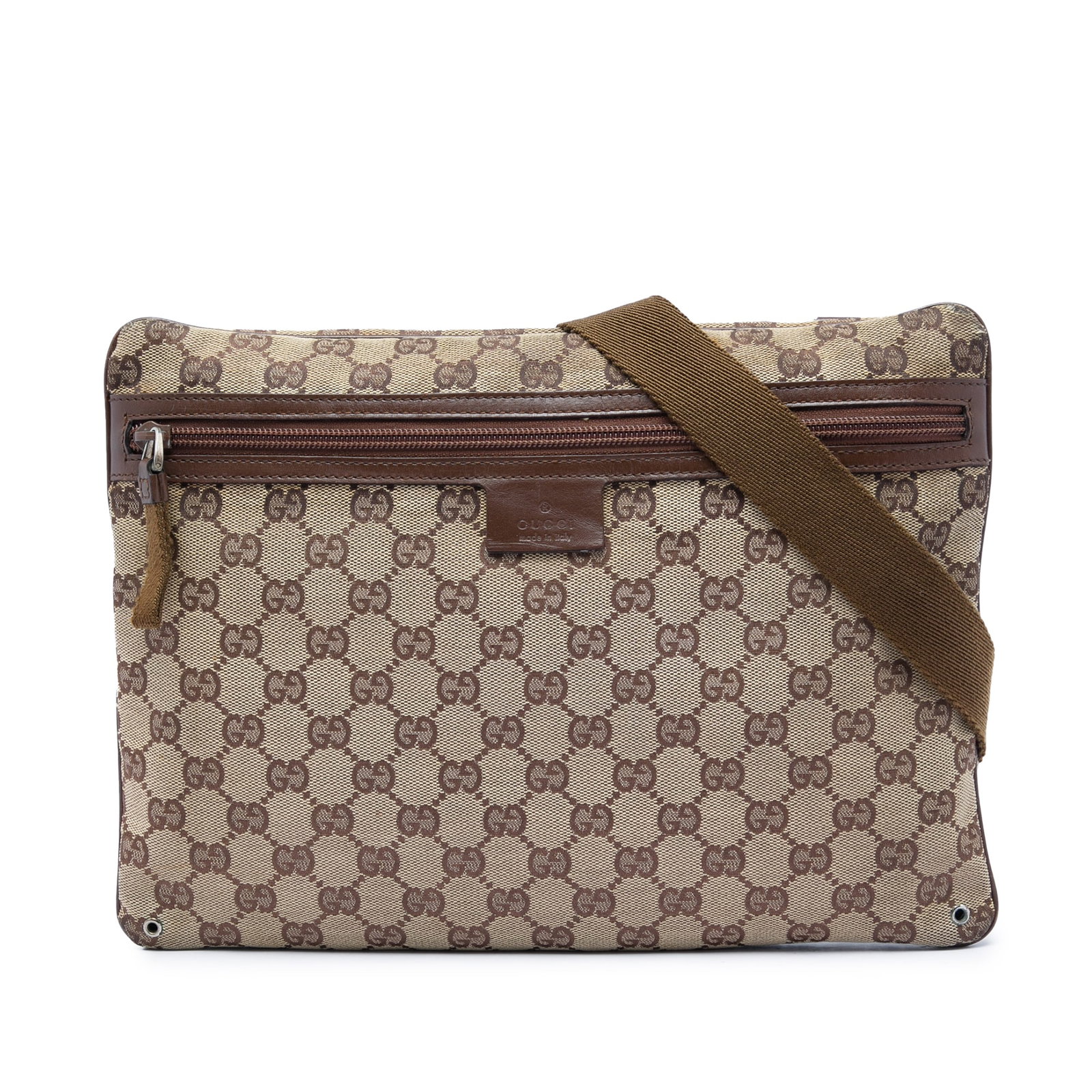 Gucci GG Canvas Crossbody Bag Beige Fabric Leather Trim: Gucci GG Canvas Crossbody Bag Beige Fabric Leather Trim Gucci GG Canvas Crossbody bag in beige with leather trim and an adjustable flat strap. The bag features a front zip closure, a back exterior zip