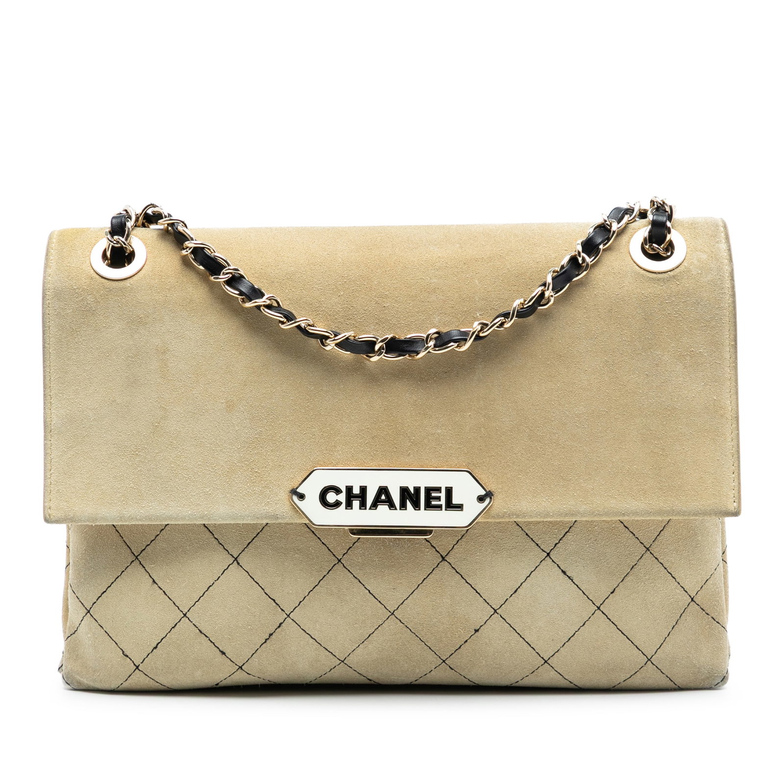 Beige Quilted Suede Crossbody Bag by Chanel with Chain Strap: Beige Quilted Suede Crossbody Bag by Chanel with Chain Strap This Chanel crossbody bag showcases a quilted suede exterior in beige with a front flap secured by a magnetic snap closure. It features a l