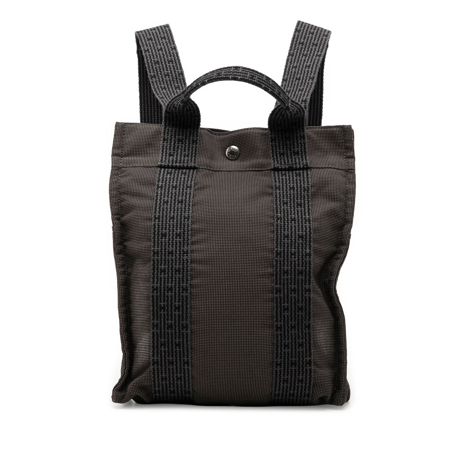 Hermes Herline PM Canvas Backpack Gray: Hermes Herline PM Canvas Backpack Gray This Hermes Herline PM Backpack is crafted from durable canvas in a gray tone. It features a flat top handle, adjustable back straps, and both snap button and to