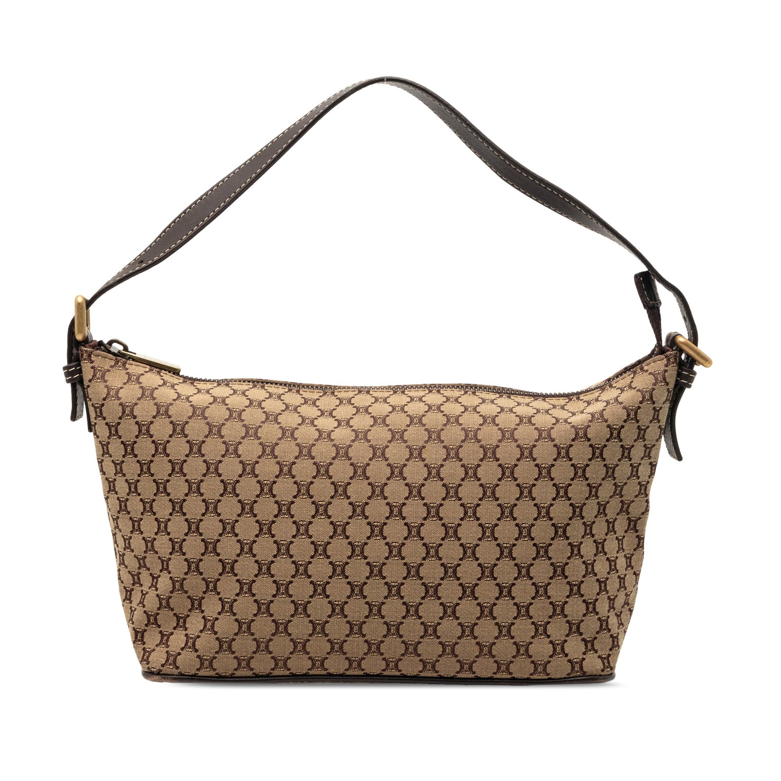 Celine Triomphe Macadam Canvas Shoulder Bag Beige: Celine Triomphe Macadam Canvas Shoulder Bag Beige Shoulder bag with a canvas body, flat leather shoulder strap, top zip closure, and an interior zip pocket. Made in Italy and presented in beige fabric