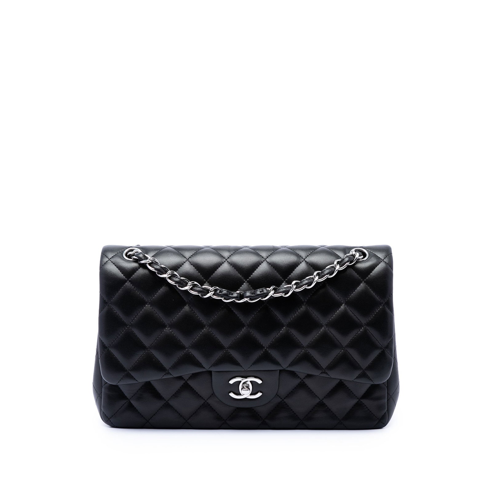 Chanel Jumbo Classic Double Flap Shoulder Bag Black Lambskin: Chanel Jumbo Classic Double Flap Shoulder Bag Black Lambskin Chanel Jumbo Classic Lambskin Double Flap shoulder bag crafted with a quilted lambskin leather body and leather-woven chain straps. The bag