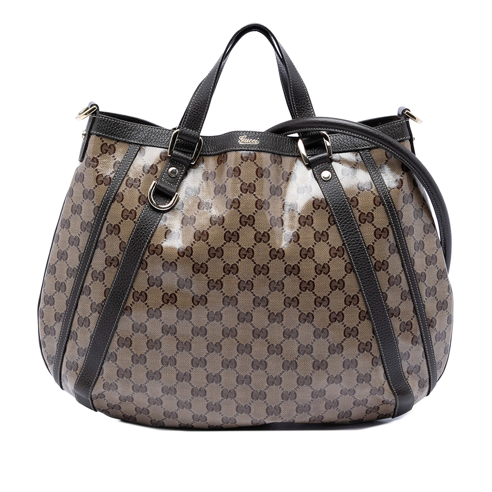 Gucci Abbey D Ring Convertible Tote in Beige GG Crystal: Gucci Abbey D Ring Convertible Tote in Beige GG Crystal Gucci GG Crystal Abbey D Ring Convertible Tote in beige with a coated canvas body and leather trim. This satchel-style bag features flat leather