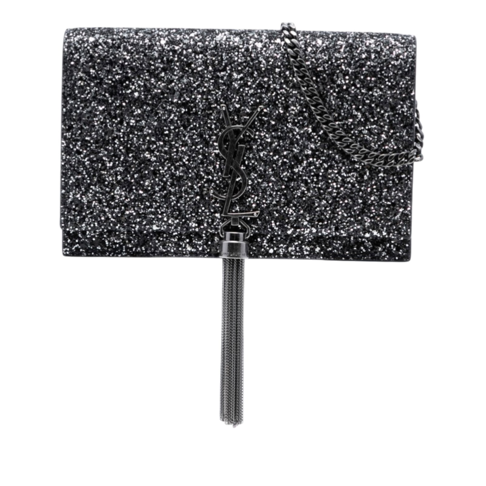 Saint Laurent Kate Metallic Glitter Monogram Chain Wallet: Saint Laurent Kate Metallic Glitter Monogram Chain Wallet This Saint Laurent Metallic Glitter Monogram Kate Tassel Chain Wallet features an embellished leather body with a metallic glitter finish. The