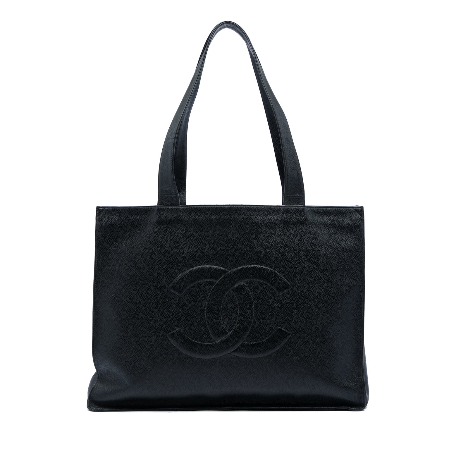 Black Leather Tote Bag Chanel CC Caviar: Black Leather Tote Bag Chanel CC Caviar Chanel CC Caviar Tote in black leather with flat leather straps, an open top, and an interior zip pocket. Made in France. Condition B+ with noted wear including