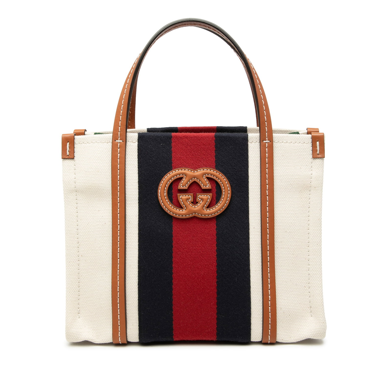 Gucci Mini Interlocking G Web Canvas Tote Bag Beige: Gucci Mini Interlocking G Web Canvas Tote Bag Beige A Gucci Mini Canvas Interlocking G Web Tote satchel made in Italy. It features a canvas body with leather trim, flat leather handles, an open top, a