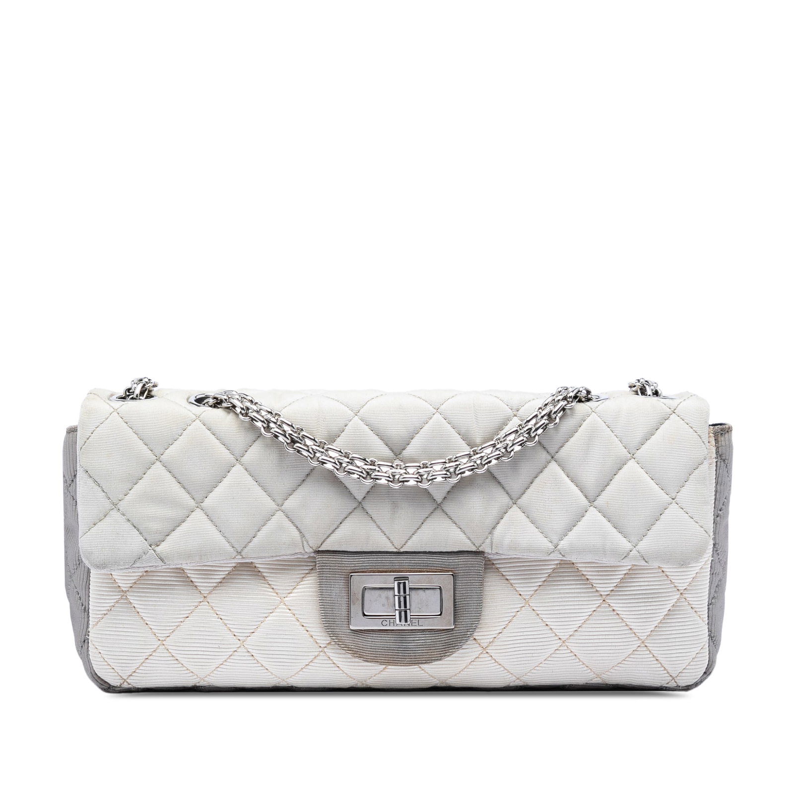 Chanel Reissue 2.55 East West Flap Small Tricolor Jersey Bag: Chanel Reissue 2.55 East West Flap Small Tricolor Jersey Bag Small Chanel Reissue 2.55 East West flap bag in tricolor quilted jersey. This shoulder bag features a chain link shoulder strap, a front fl
