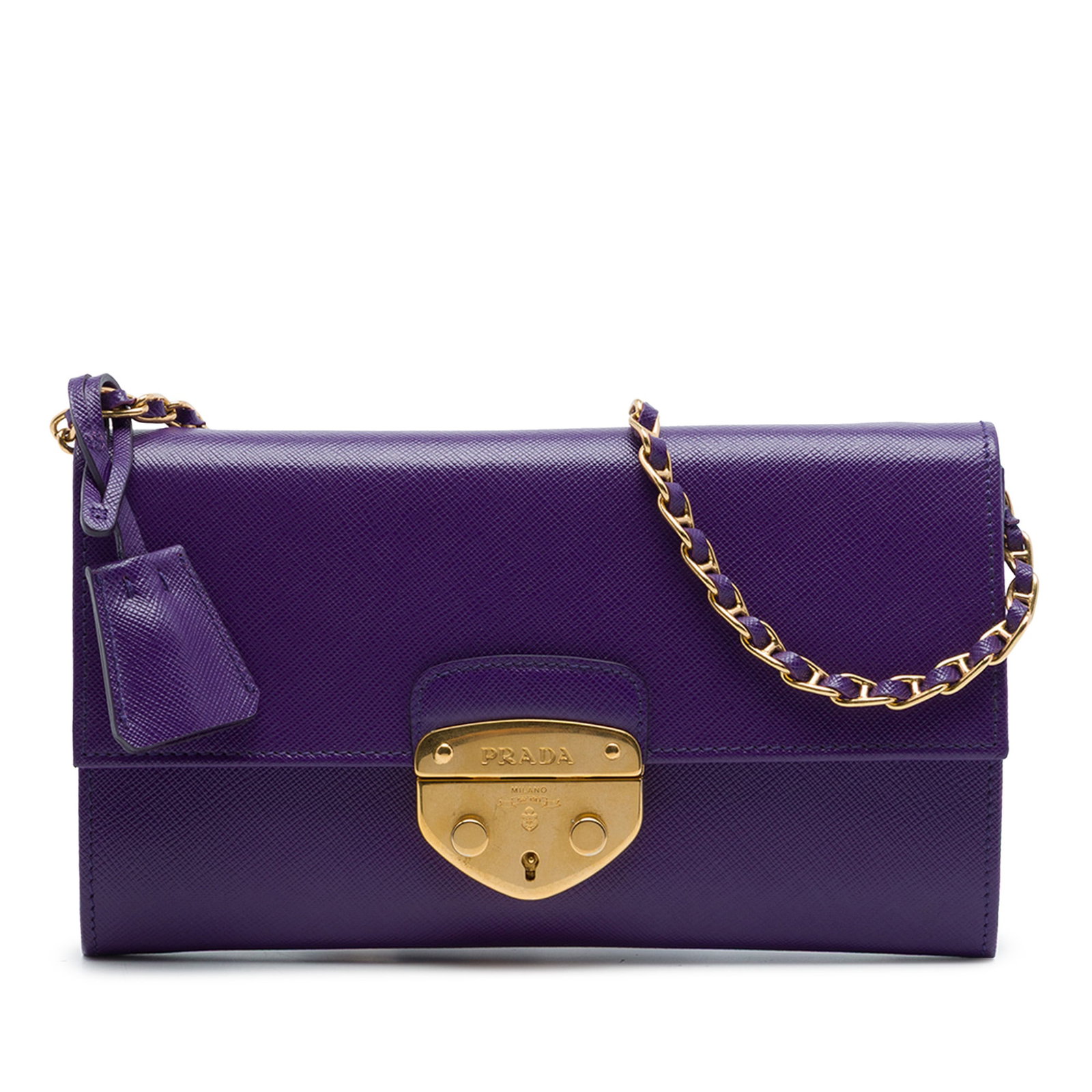 Prada Saffiano Sound Lock leather wallet on chain purple: Prada Saffiano Sound Lock leather wallet on chain purple Prada Saffiano Sound Lock Wallet on Chain in purple saffiano leather with a woven chain strap and flap push-lock closure. The interior includes