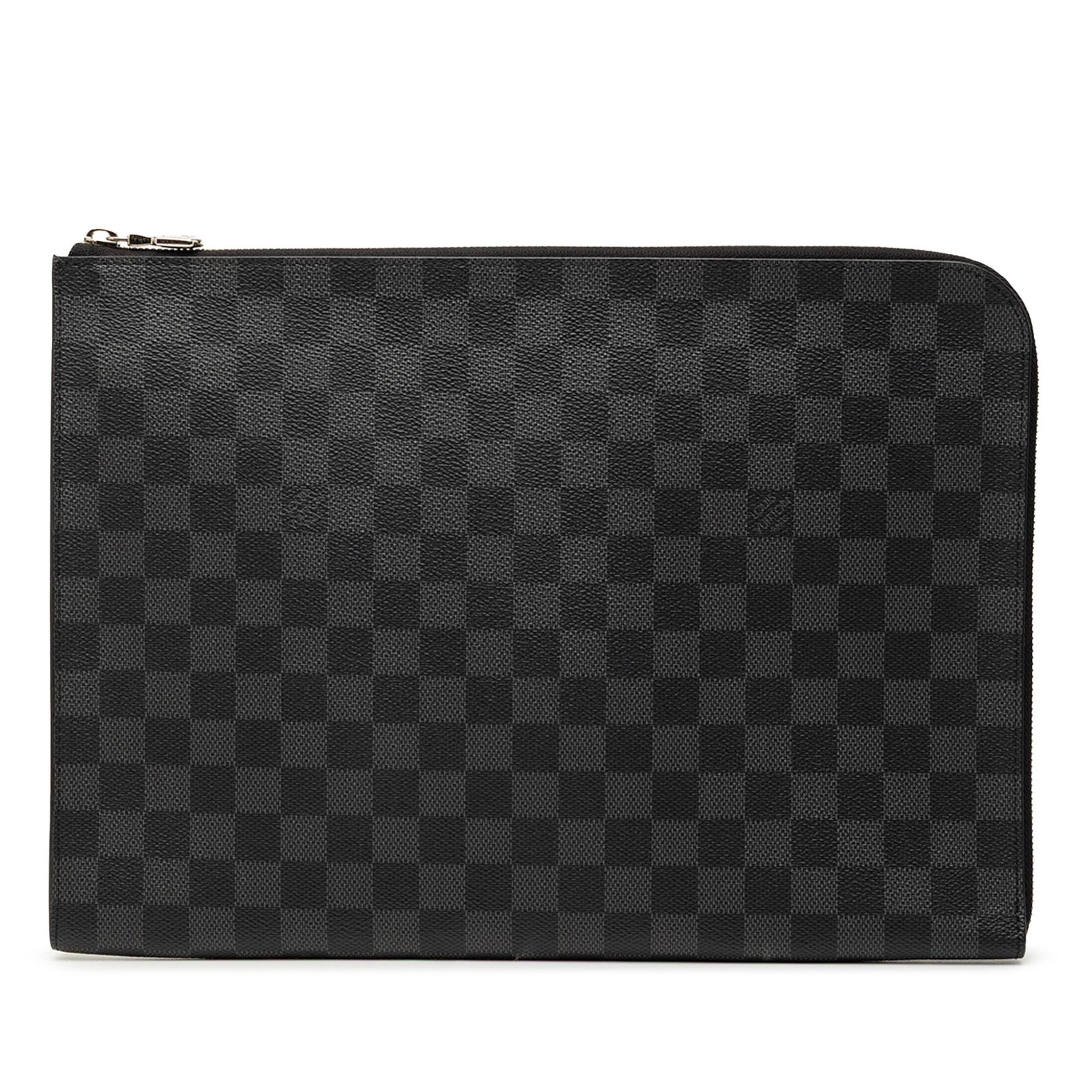 Damier Graphite Pochette Jour GM clutch by Louis Vuitton with zip closure: Damier Graphite Pochette Jour GM clutch by Louis Vuitton with zip closure This Louis Vuitton Damier Graphite Pochette Jour GM features a signature damier canvas design with silver-tone hardware. It is