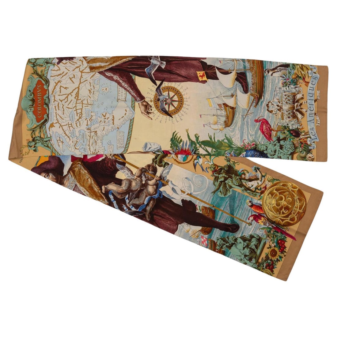 Rare Hermes Columbus Silk Stole by Kermit Oliver 11x70: Rare Hermes Columbus Silk Stole by Kermit Oliver 11x70 This exquisite vintage Hermes Columbus silk stole, designed by Kermit Oliver, is a rare collectible piece that showcases the brand's exceptional 