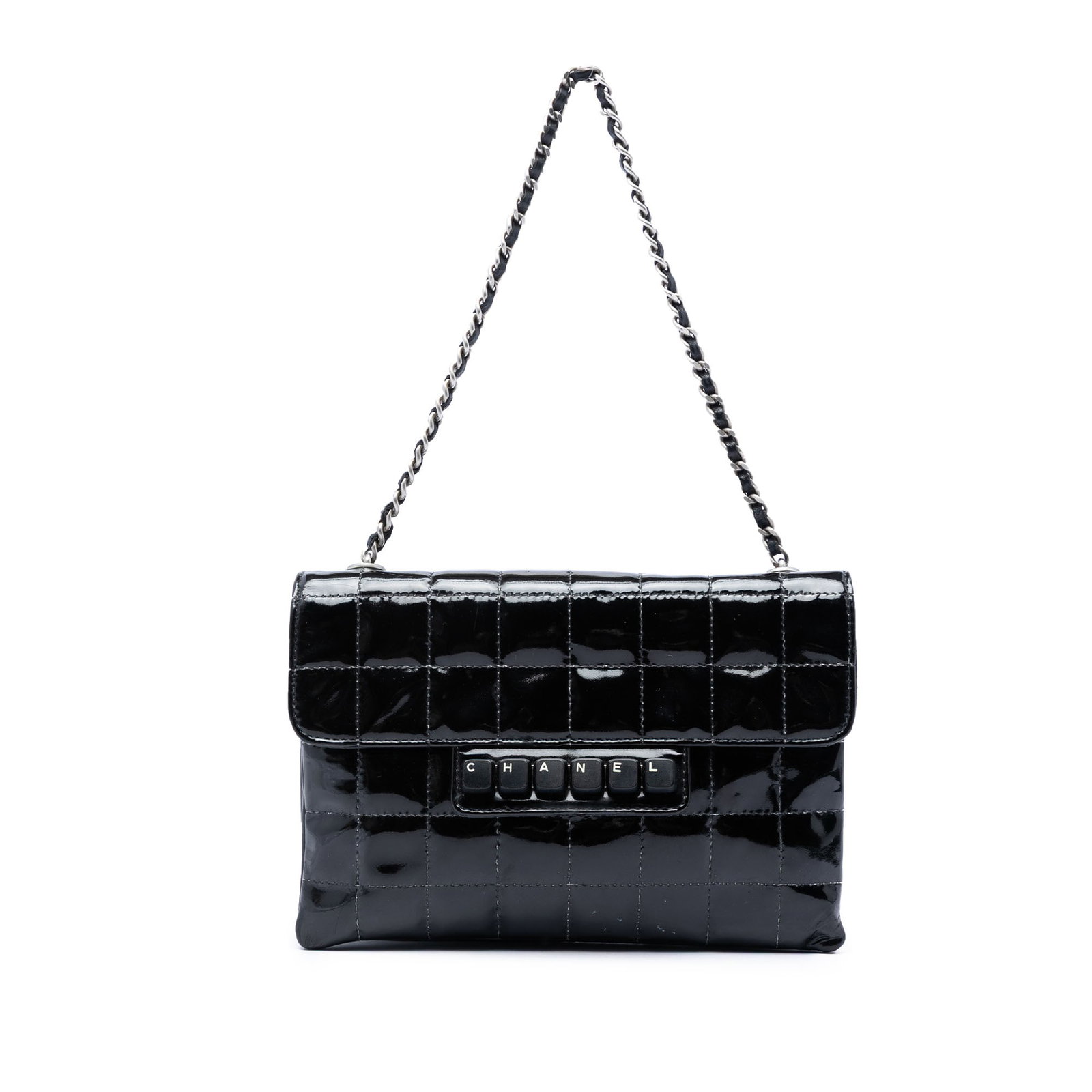 Chanel Chocolate Bar Digital Flap Shoulder Bag in Black Patent Leather: Chanel Chocolate Bar Digital Flap Shoulder Bag in Black Patent Leather Chanel Chocolate Bar Patent Digital Flap shoulder bag in black, made in France. It features a quilted patent leather body, a leat