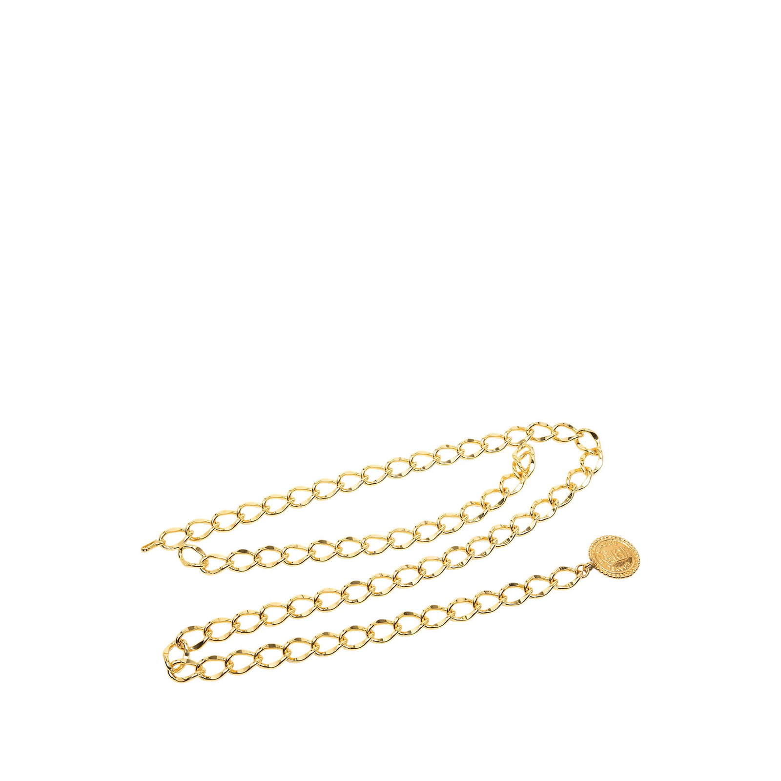 Chanel Rue Cambon Medallion Gold Tone Chain Belt: Chanel Rue Cambon Medallion Gold Tone Chain Belt Chanel chain link belt featuring a gold tone metal construction with a Rue Cambon medallion charm and hook closure. Made in France, this accessory has 