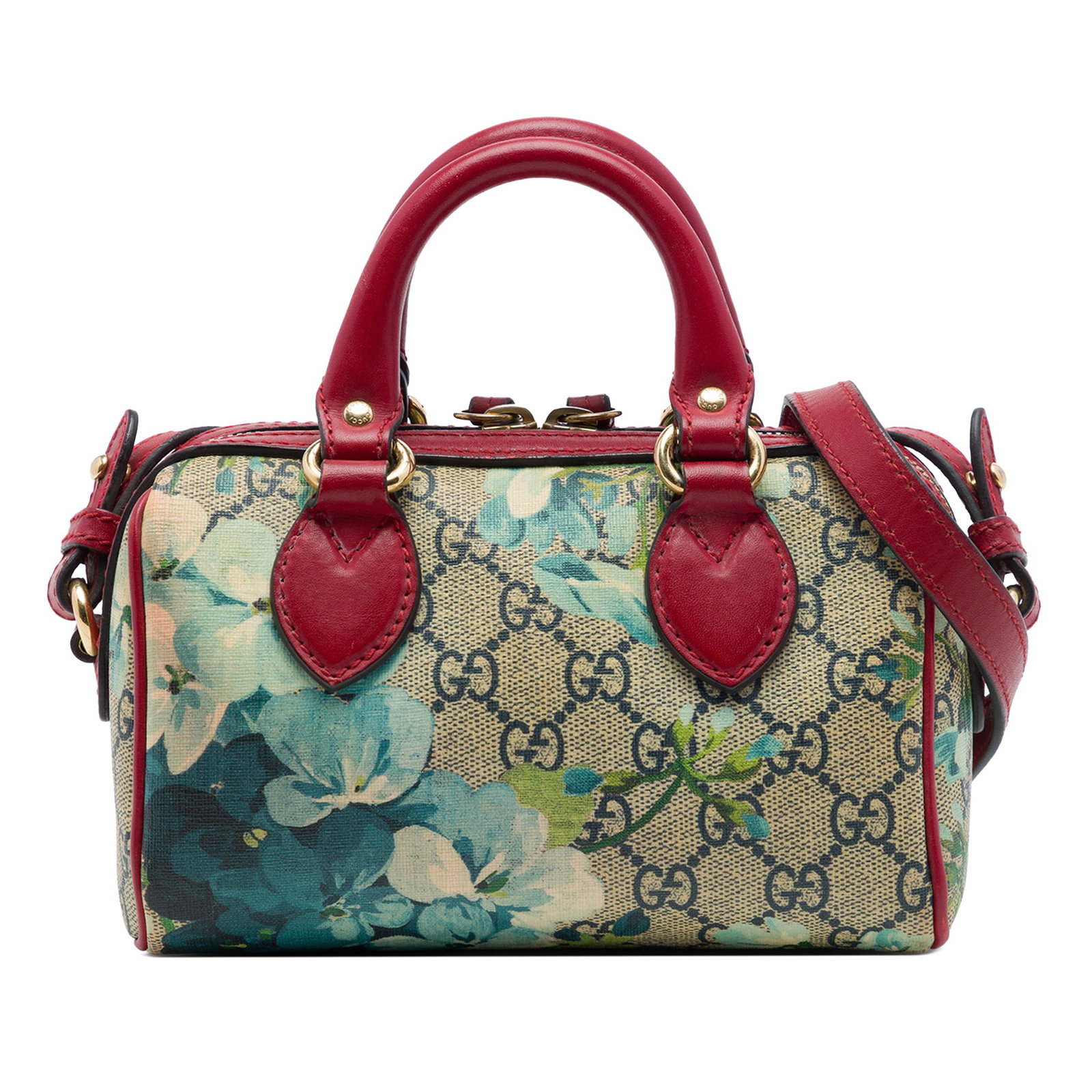 Gucci Mini GG Supreme Blooms Boston Satchel with Strap: Gucci Mini GG Supreme Blooms Boston Satchel with Strap Gucci Mini GG Supreme Blooms Boston Bag with a printed coated canvas body, rolled leather handles, a detachable flat leather strap, and a top zip