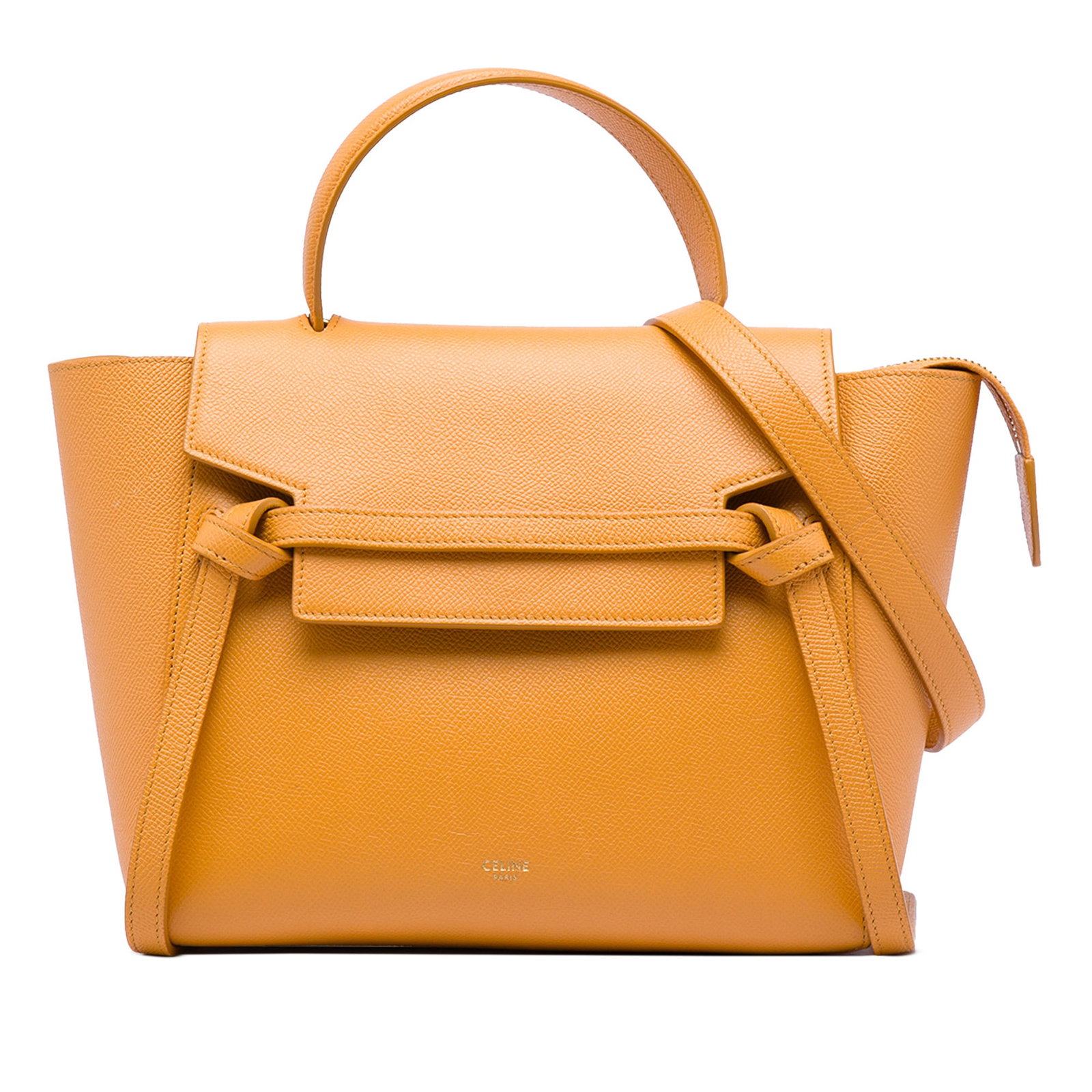 Celine Micro Belt Bag in Yellow Grained Calfskin Leather: Celine Micro Belt Bag in Yellow Grained Calfskin Leather Celine Micro Grained Calfskin Belt Bag in yellow leather with a structured silhouette, top handle, and a detachable adjustable shoulder strap. 