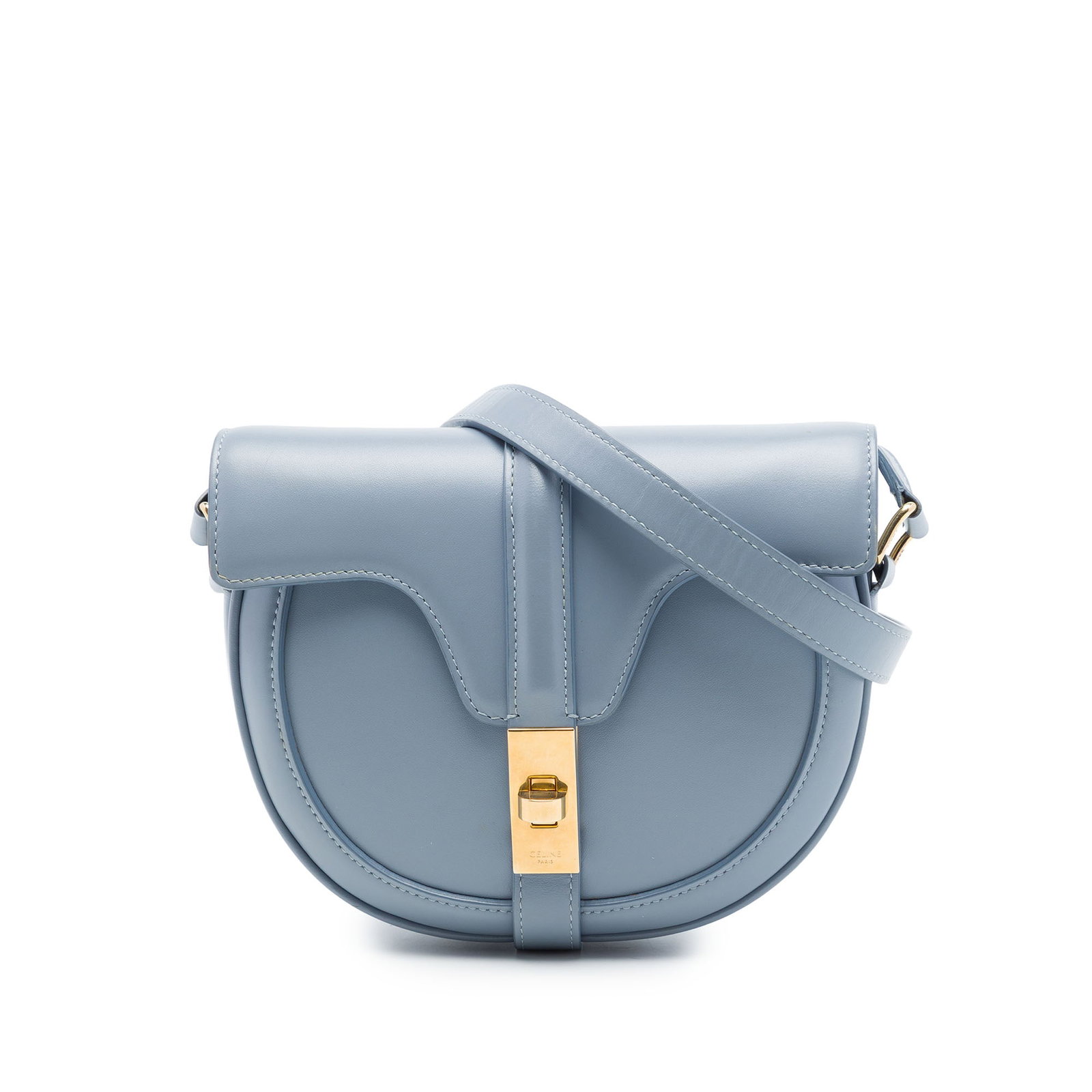 Celine Besace 16 Small Blue Leather Crossbody Bag: Celine Besace 16 Small Blue Leather Crossbody Bag Celine Small Calfskin Besace 16 Crossbody in blue leather with an adjustable flat leather strap, front flap, and turn-lock closure. The interior inclu