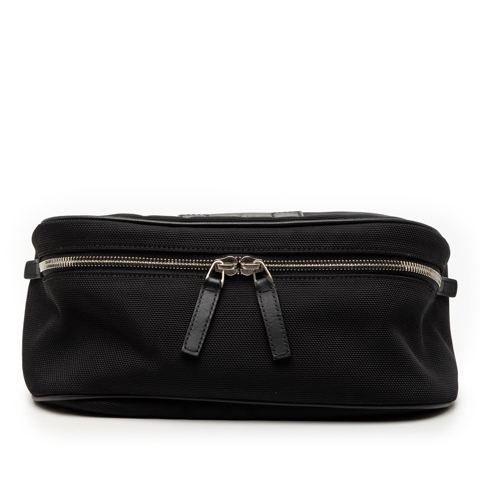 Black Nylon Web Waist Pouch by Gucci with Adjustable Strap: Black Nylon Web Waist Pouch by Gucci with Adjustable Strap This Gucci belt bag features a black nylon body with an adjustable flat web waist strap, a front zip closure, and an exterior back zip pocket