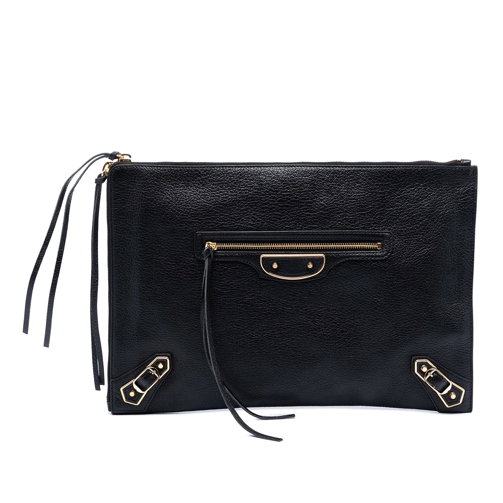 Balenciaga Classic Metallic Edge Medium Goatskin Zip Clutch: Balenciaga Classic Metallic Edge Medium Goatskin Zip Clutch Balenciaga Medium Motocross Classic Metallic Edge clutch crafted in goatskin leather with a top zip closure. The design includes an exterior