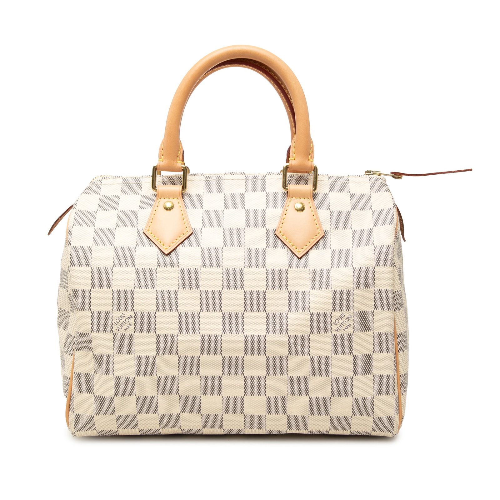 Louis Vuitton Speedy 25 Damier Azur handbag: Louis Vuitton Speedy 25 Damier Azur handbag Louis Vuitton Damier Azur Speedy 25 handbag with a damier azur canvas body, vachetta leather trim, rolled vachetta leather handles, a top zip closure, and a