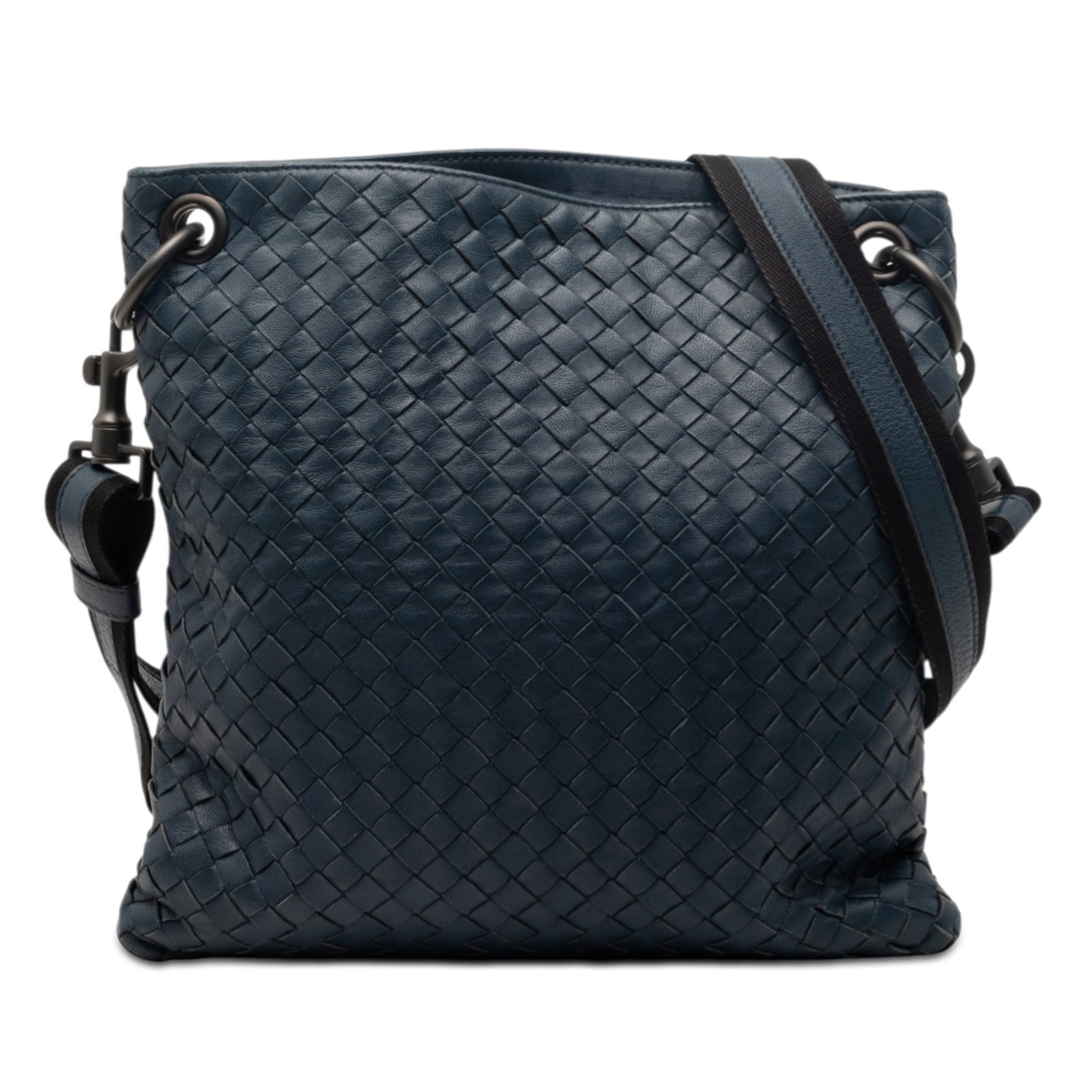 Blue Leather Intrecciato Crossbody Bag by Bottega Veneta: Blue Leather Intrecciato Crossbody Bag by Bottega Veneta This Bottega Veneta Nappa Intrecciato Crossbody bag features a distinctive woven leather body in blue, an adjustable and detachable flat should
