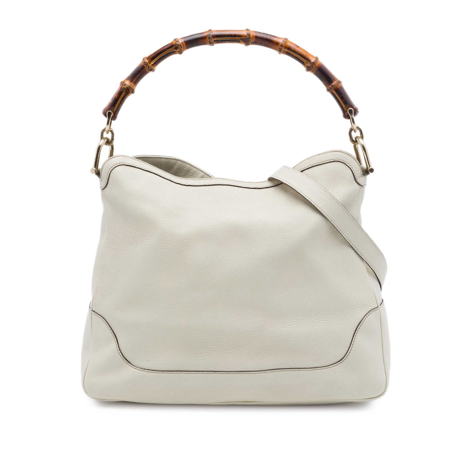 Gucci Diana Bamboo Handle Leather Satchel White: Gucci Diana Bamboo Handle Leather Satchel White Gucci Calfskin Bamboo Diana Satchel in white leather with a bamboo handle and detachable flat leather strap. The bag features an open top and an interio