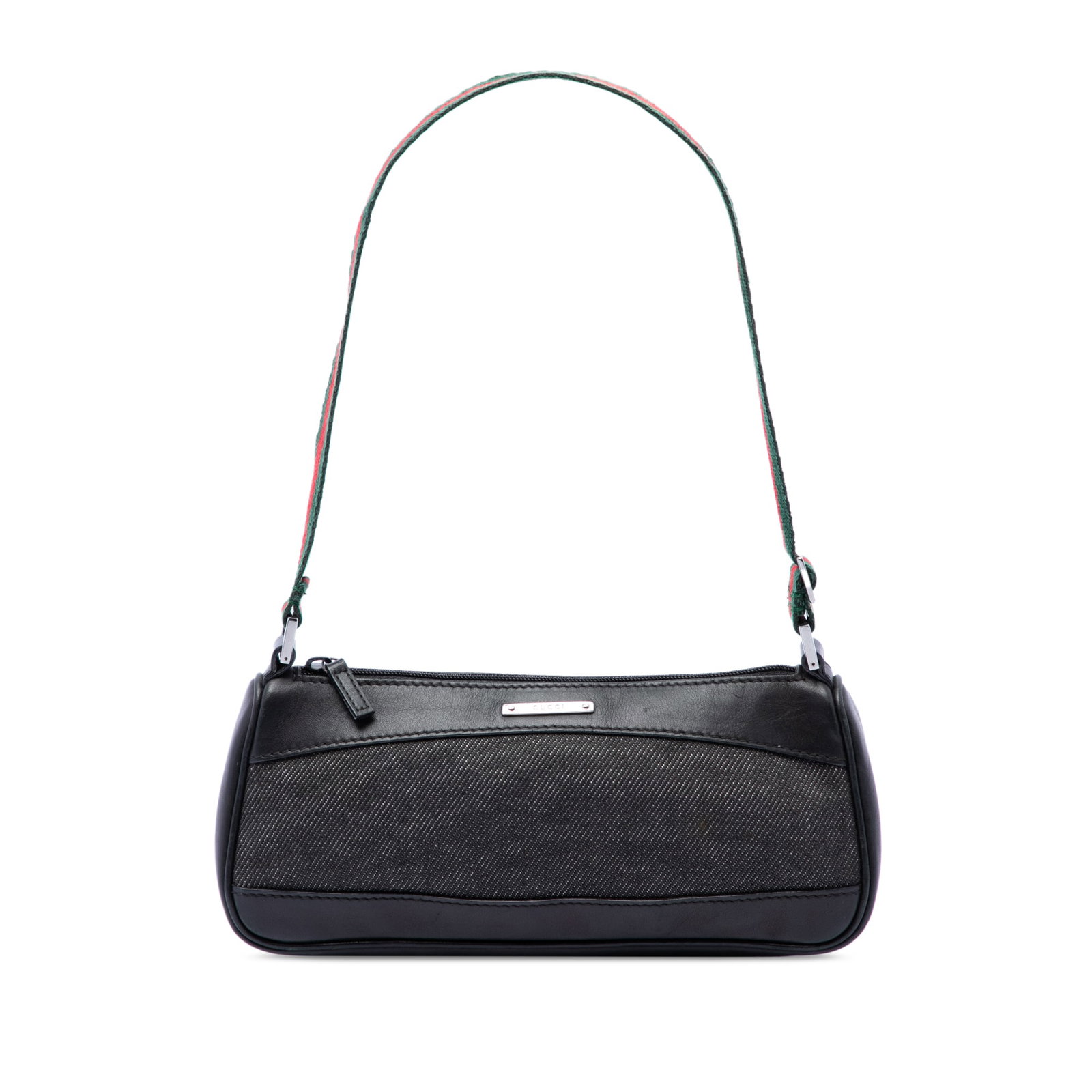 Gucci Denim Web black fabric shoulder bag with leather trim: Gucci Denim Web black fabric shoulder bag with leather trim Gucci Denim Web Shoulder Bag with a denim body, leather trim, an adjustable flat web canvas strap, and a top zip closure. Made in Italy. Con