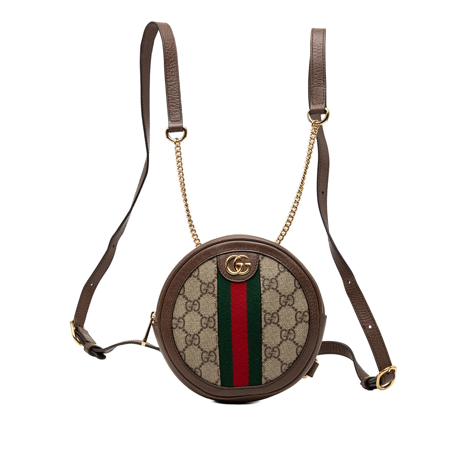 Gucci Ophidia Mini Round Backpack in GG Supreme Canvas: Gucci Ophidia Mini Round Backpack in GG Supreme Canvas Gucci Ophidia round backpack crafted with a coated canvas body, leather trim, and the signature web trim. This mini backpack features curb chain 