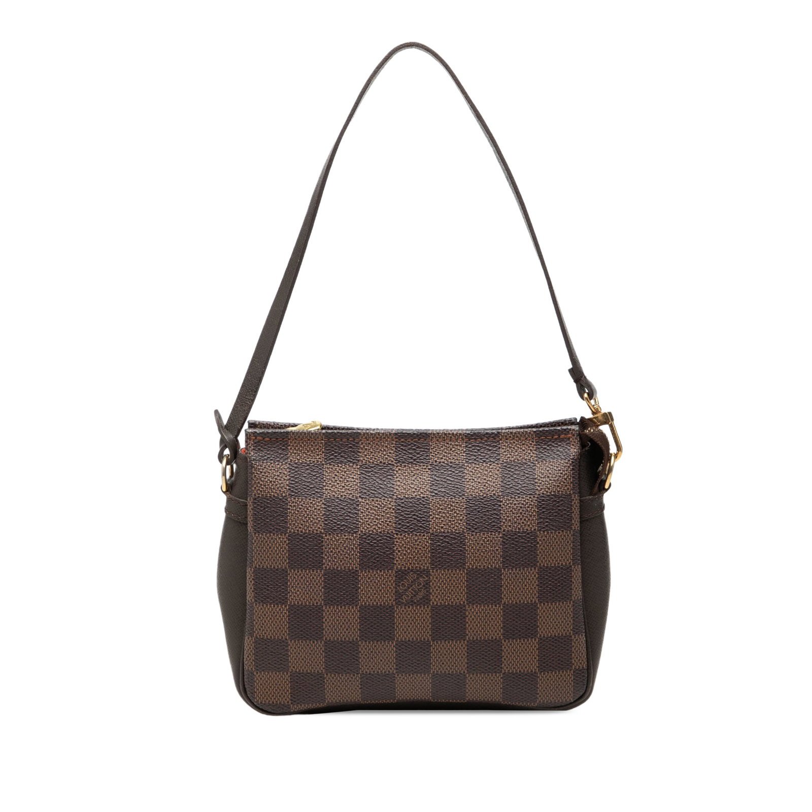 Louis Vuitton Damier Ebene Trousse Pochette Brown Zip Pouch: Louis Vuitton Damier Ebene Trousse Pochette Brown Zip Pouch Louis Vuitton Damier Ebene Trousse Pochette with a damier ebene canvas body, flat leather strap, and top zip closure. Made in France. Condit