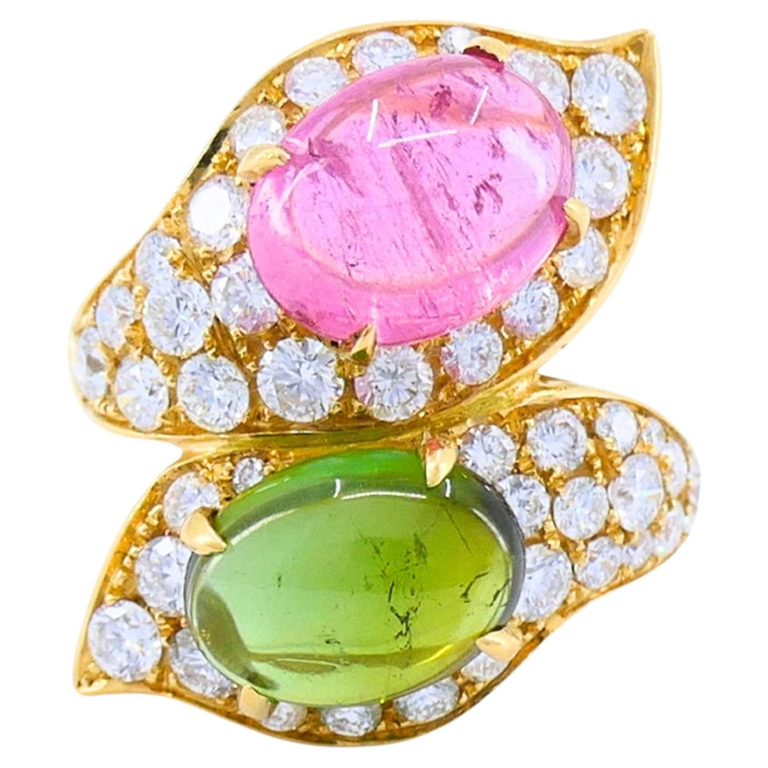 Bulgari Vintage 18k Gold Bypass Ring with Diamonds Peridot Tourmaline: Bulgari Vintage 18k Gold Bypass Ring with Diamonds Peridot Tourmaline Vintage Bvlgari bypass ring in 18k yellow gold with an open two-stone design. It features cabochon pink tourmaline and cabochon pe