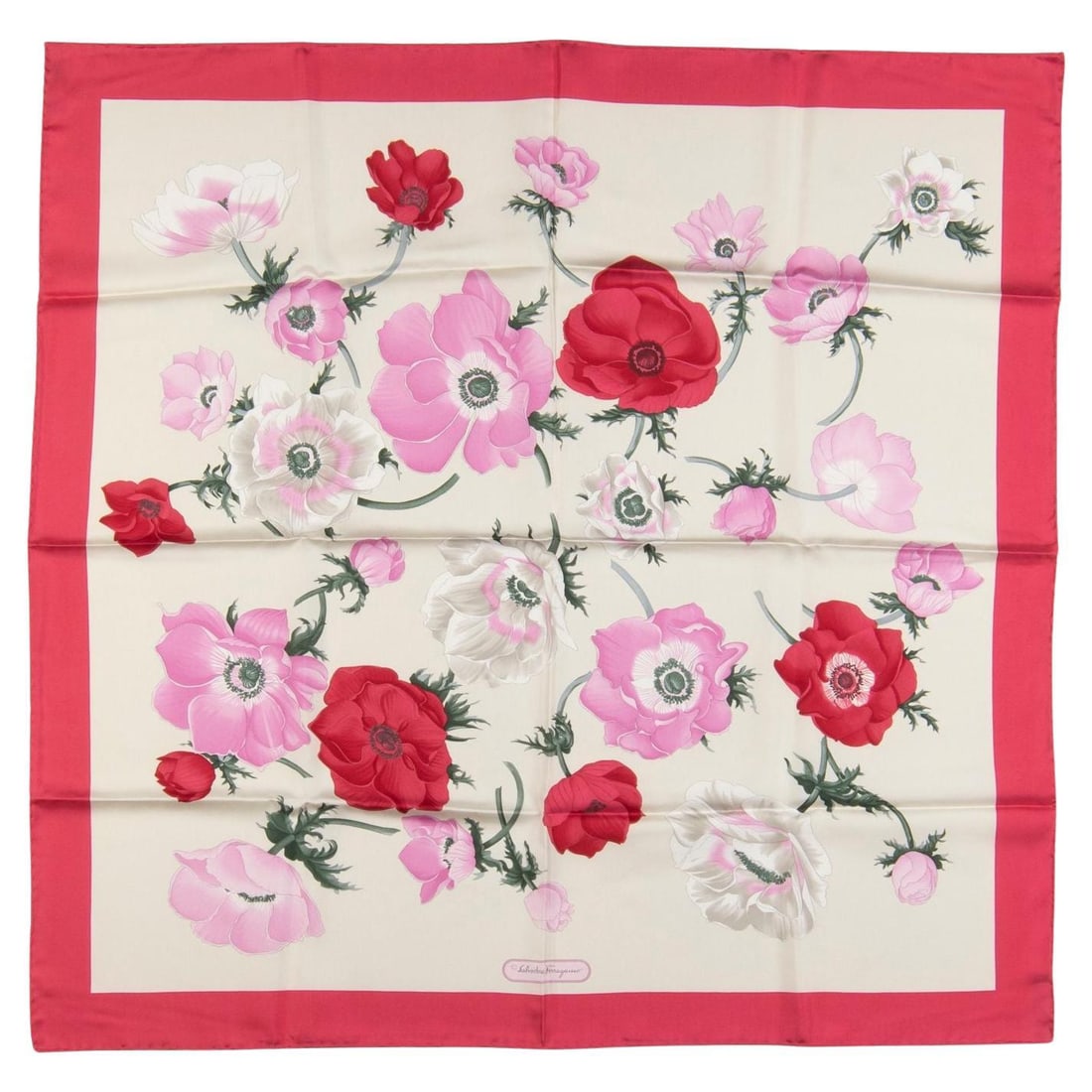 Ferragamo Poppy Print Silk Square Scarf 34 in: Ferragamo Poppy Print Silk Square Scarf 34 in This Salvatore Ferragamo Poppy silk scarf showcases a vibrant floral design in coral, pink, cream, and red hues. Crafted in Italy, it is made from luxurio