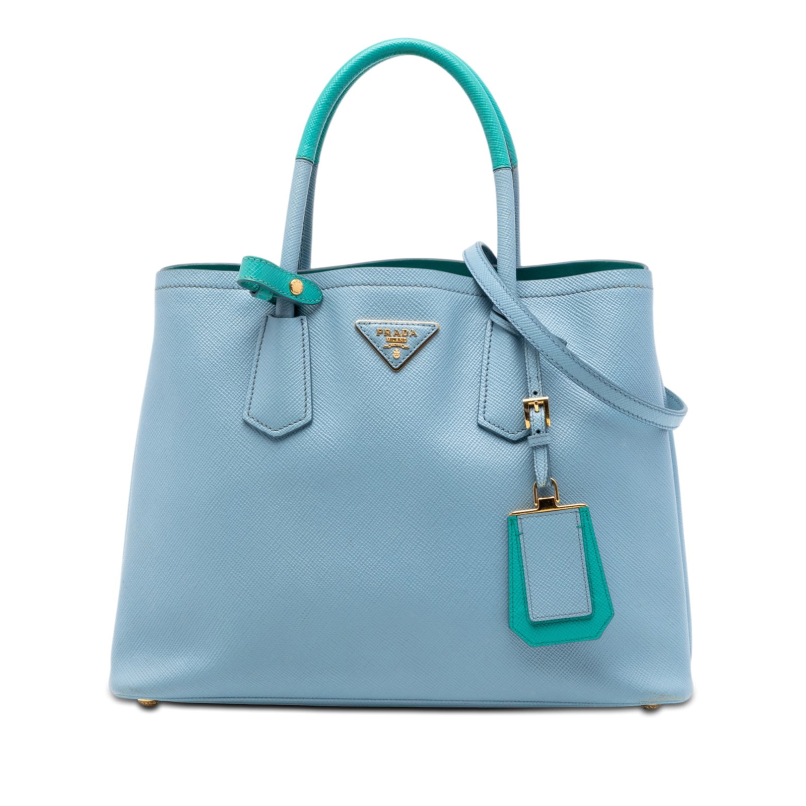 Prada Saffiano Cuir Double Satchel Medium Bicolor Blue Leather: Prada Saffiano Cuir Double Satchel Medium Bicolor Blue Leather This Prada Medium Bicolor Saffiano Cuir Double Satchel is crafted from saffiano leather and features rolled leather handles, a detachable