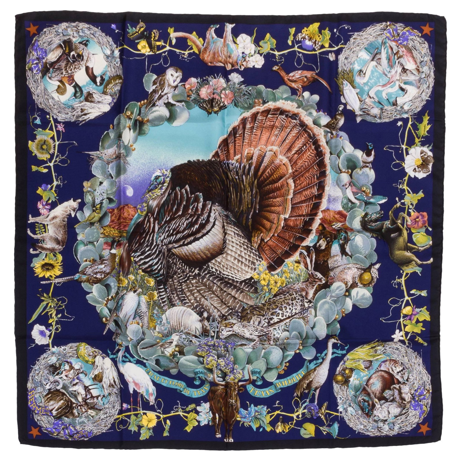 Hermes Texas Wildlife 35 Inch Scarf by Kermit Oliver with Original Box: Hermes Texas Wildlife 35 Inch Scarf by Kermit Oliver with Original Box This collectible Hermes Texas Wildlife scarf, designed by Kermit Oliver, features a navy blue and black color combination with ha