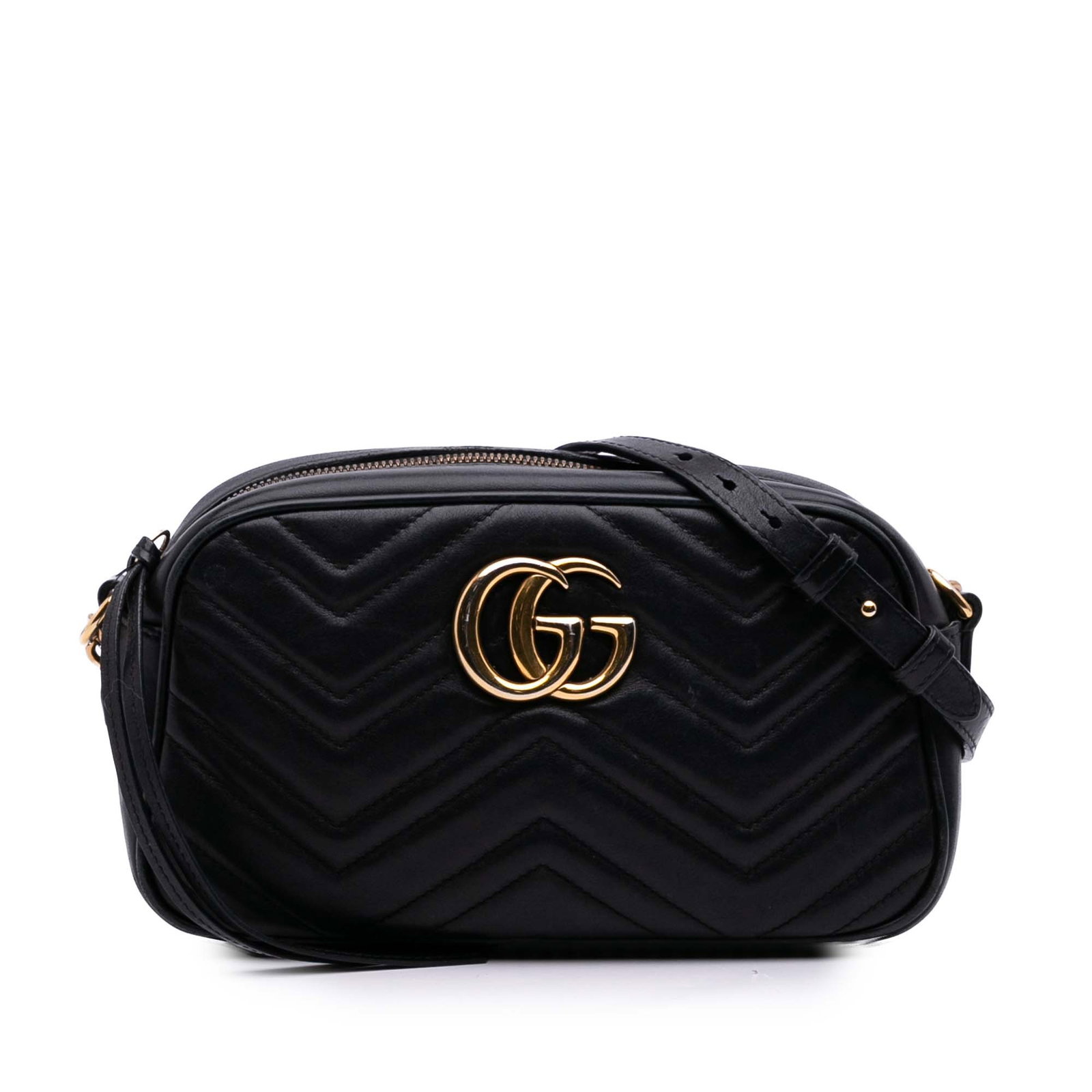Gucci GG Marmont Black Leather Crossbody Bag: Gucci GG Marmont Black Leather Crossbody Bag This Gucci Small GG Marmont Matelasse Leather Crossbody bag features a quilted black leather exterior with a gold-tone curb chain link and an adjustable le