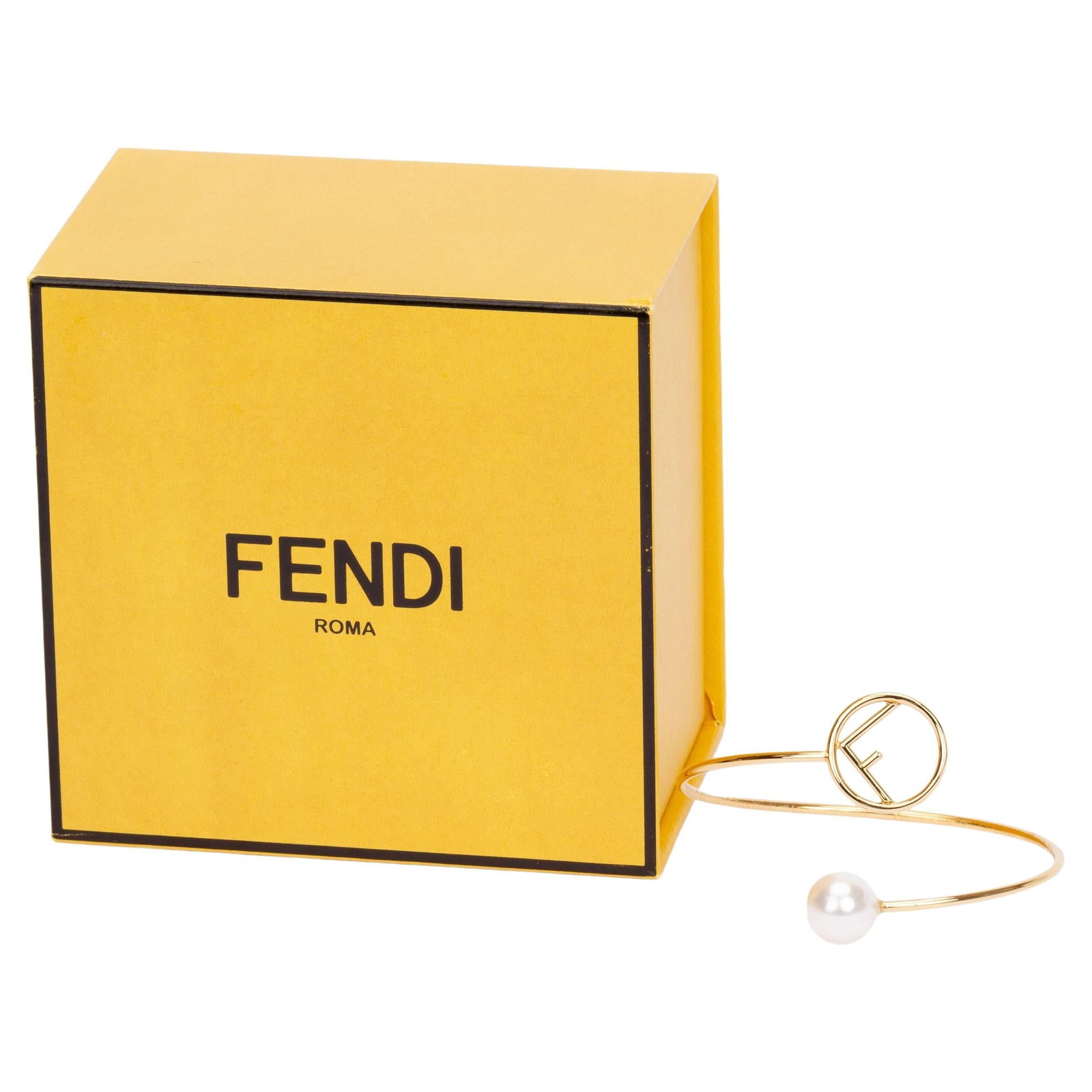 Fendi Gold Tone Steel Pearl Bracelet with F Logo Italy 2021: Fendi Gold Tone Steel Pearl Bracelet with F Logo Italy 2021 This exquisite Fendi bracelet features a striking gold tone and is crafted from durable steel. Designed in Italy, this 21st-century piece sh