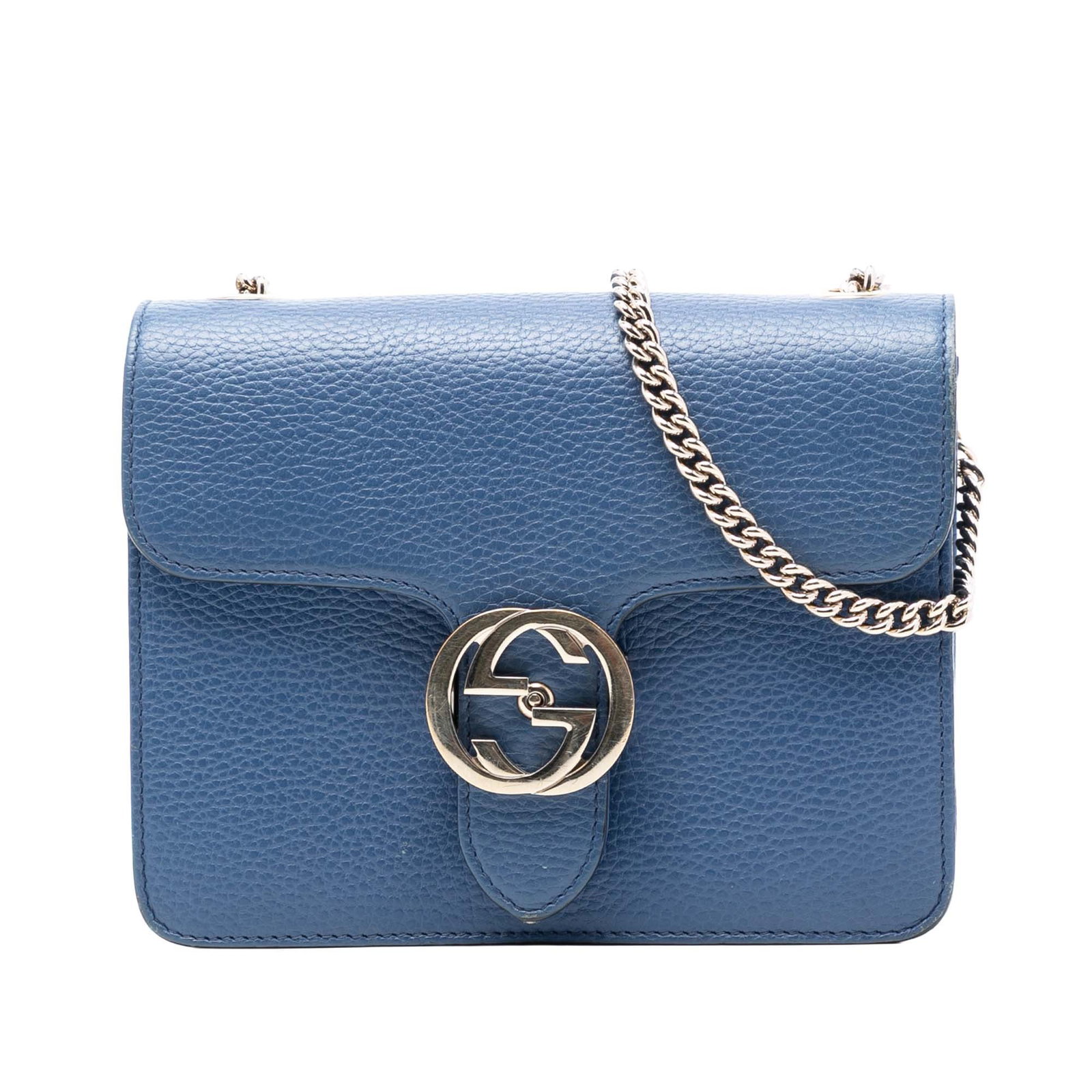 Gucci Interlocking G Small Blue Calfskin Crossbody Bag: Gucci Interlocking G Small Blue Calfskin Crossbody Bag This Gucci Small Dollar Calfskin Interlocking G Crossbody bag features a blue leather body, a chain-link shoulder strap with a leather guard, a f