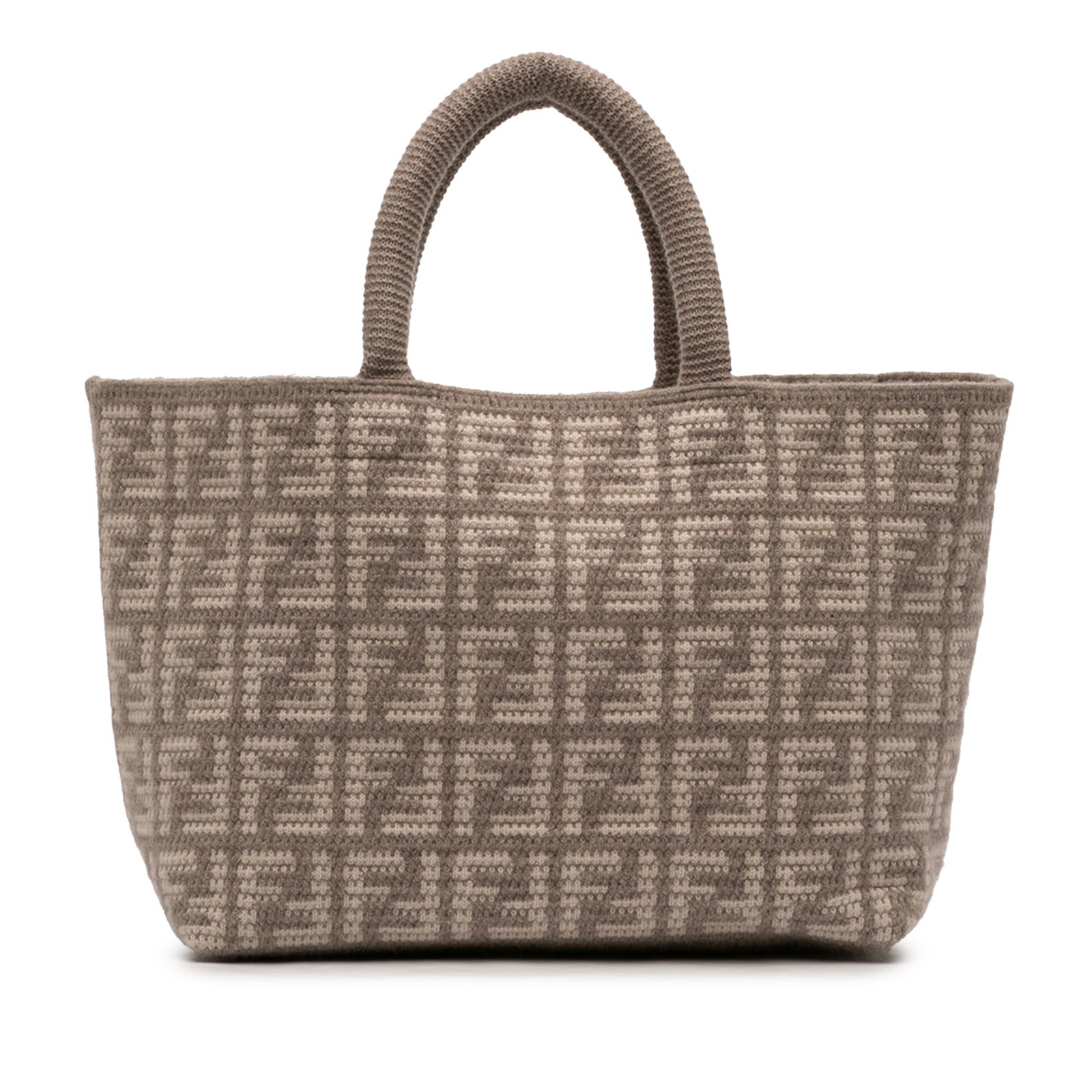Fendi Brown Knitted Cashmere Shopper Tote: Fendi Brown Knitted Cashmere Shopper Tote This Fendi Large Zucca Cashmere Shopper Tote is crafted with a knitted cashmere fabric in a brown hue. The tote features rolled top handles and an open top de
